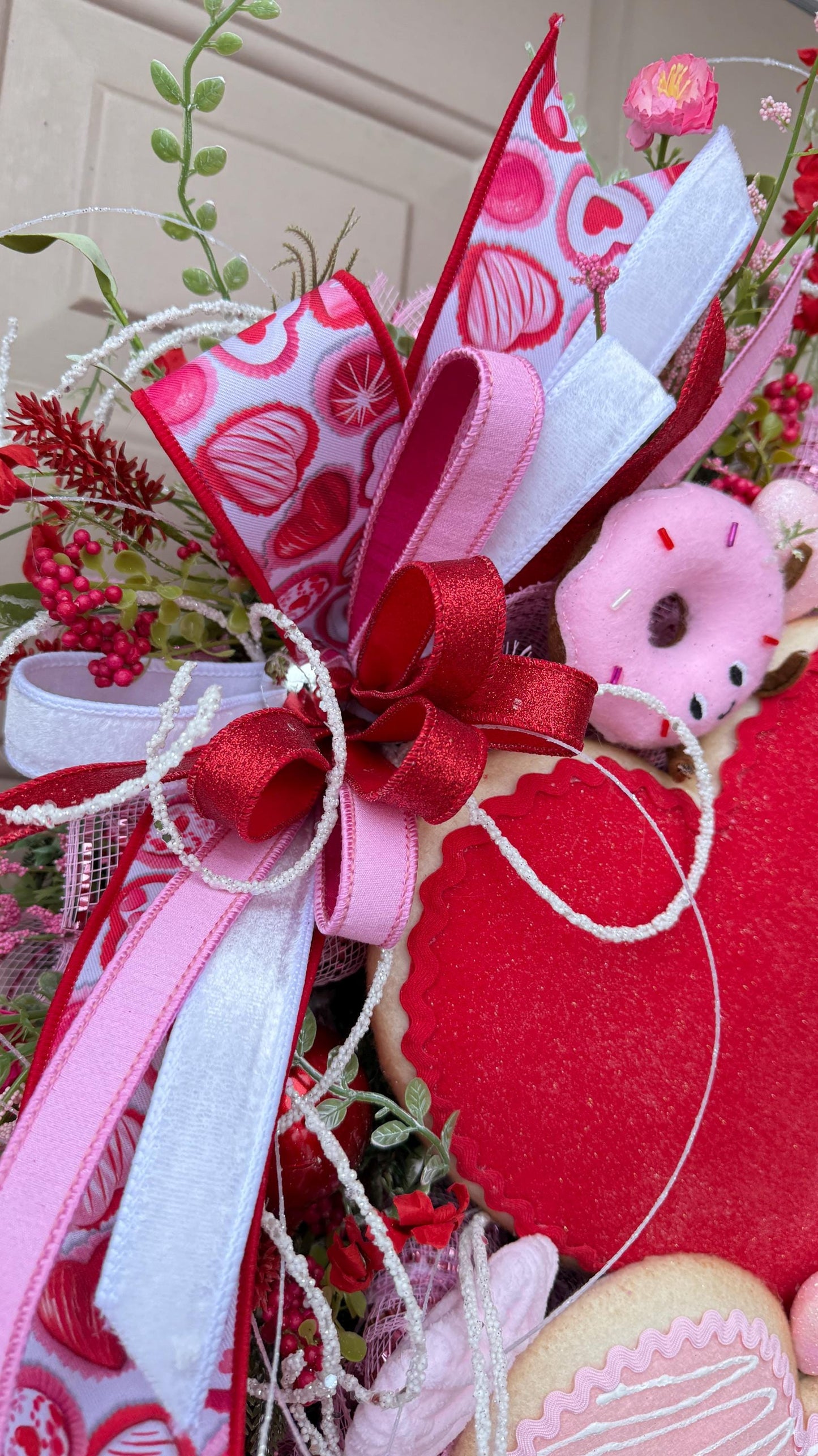 Valentine’s Day Heart Wreath with Candy Accents, Pink Red Deco Mesh Door Decor, Sweetheart Plush Wreath