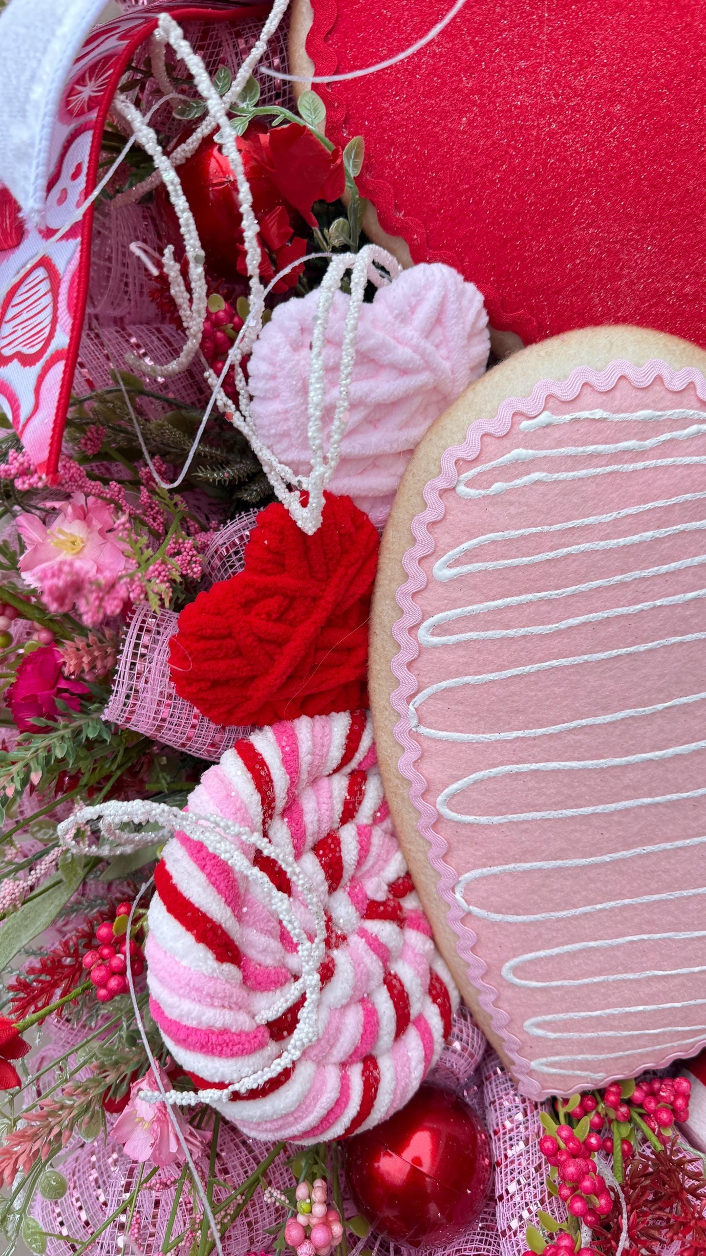 Valentine’s Day Heart Wreath with Candy Accents, Pink Red Deco Mesh Door Decor, Sweetheart Plush Wreath