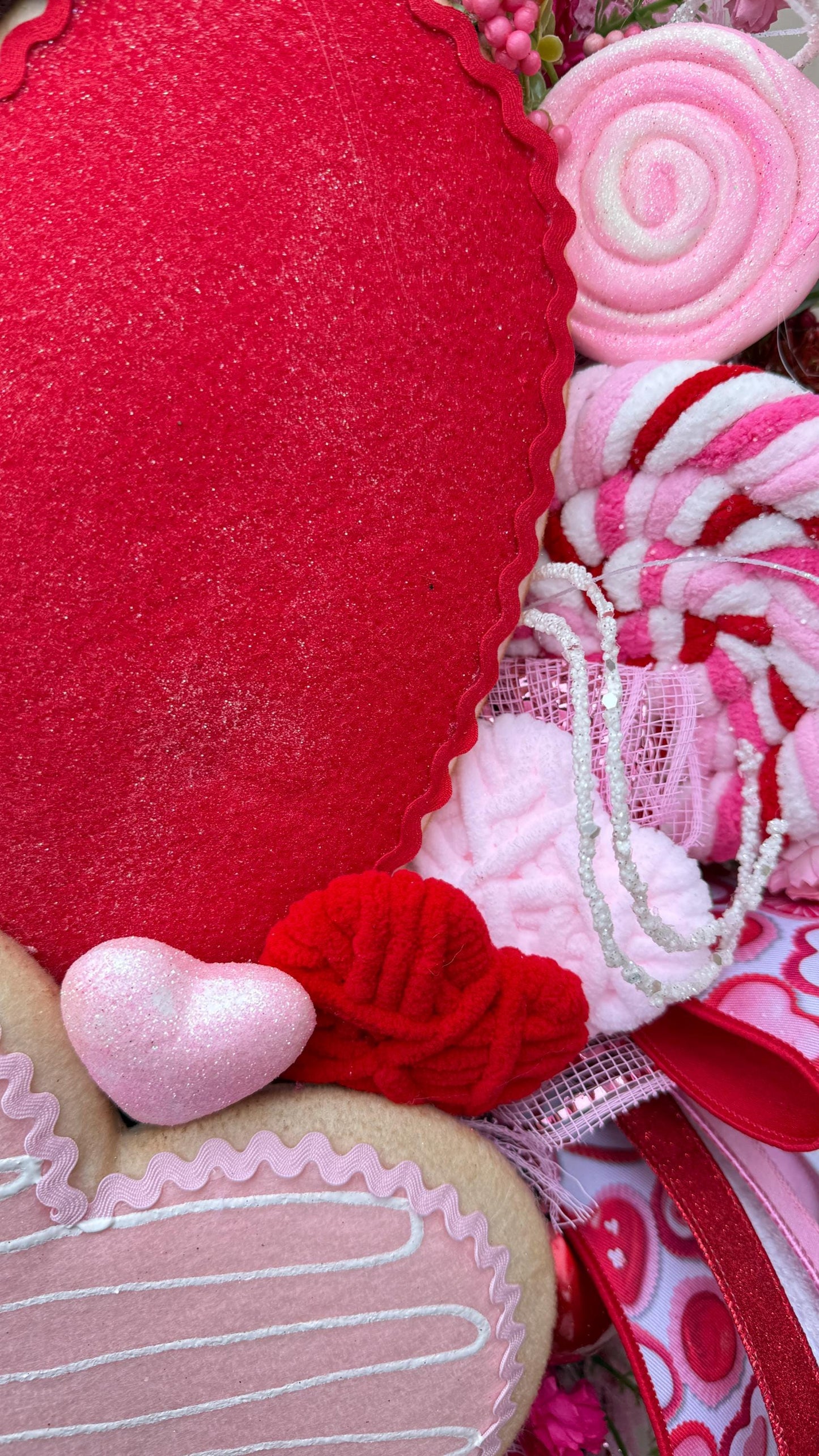 Valentine’s Day Heart Wreath with Candy Accents, Pink Red Deco Mesh Door Decor, Sweetheart Plush Wreath