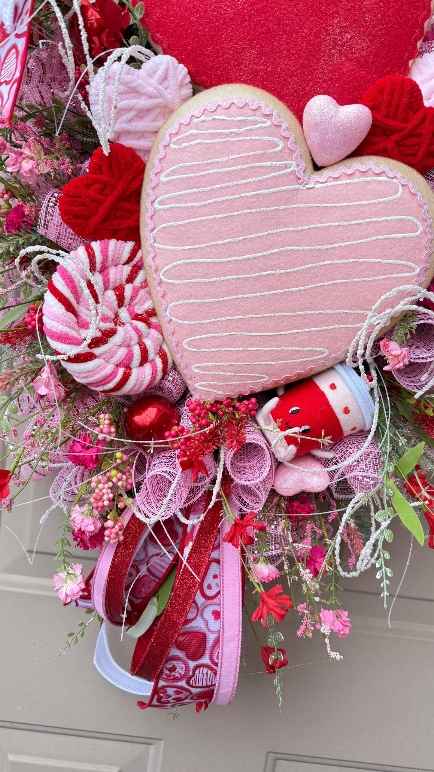Valentine’s Day Heart Wreath with Candy Accents, Pink Red Deco Mesh Door Decor, Sweetheart Plush Wreath
