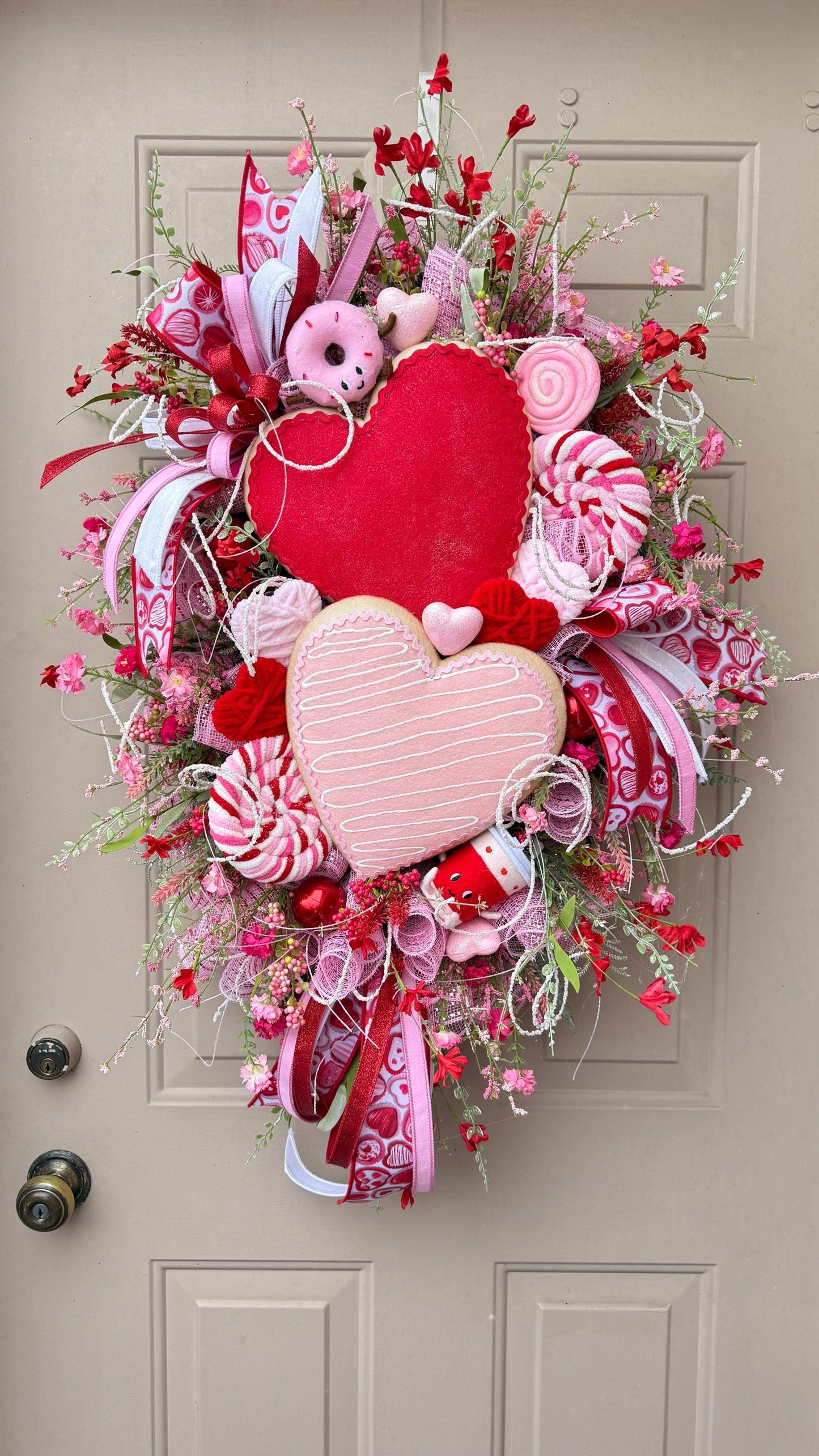 Valentine’s Day Heart Wreath with Candy Accents, Pink Red Deco Mesh Door Decor, Sweetheart Plush Wreath