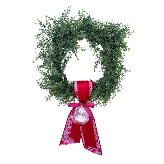 Greenery Wreath with Handmade Valentine Ribbon And Crystal Accent Romantic Door or Wall Decor