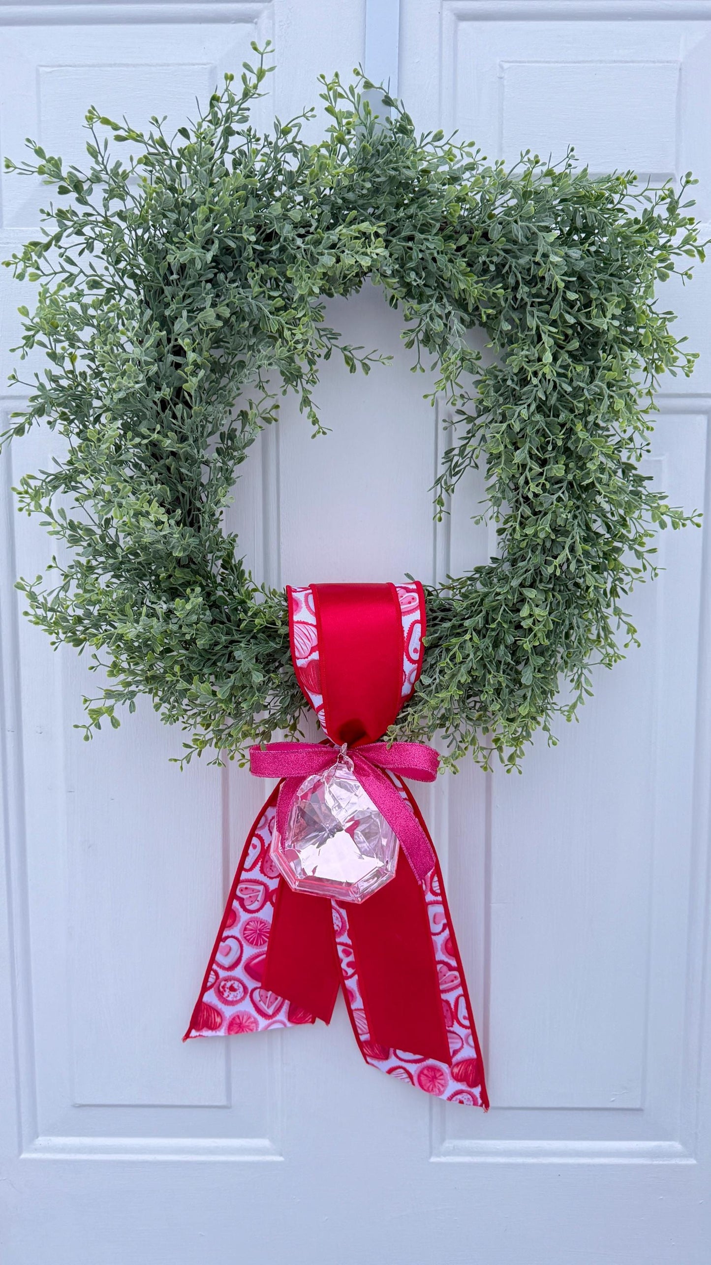 Greenery Wreath with Handmade Valentine Ribbon And Crystal Accent Romantic Door or Wall Decor