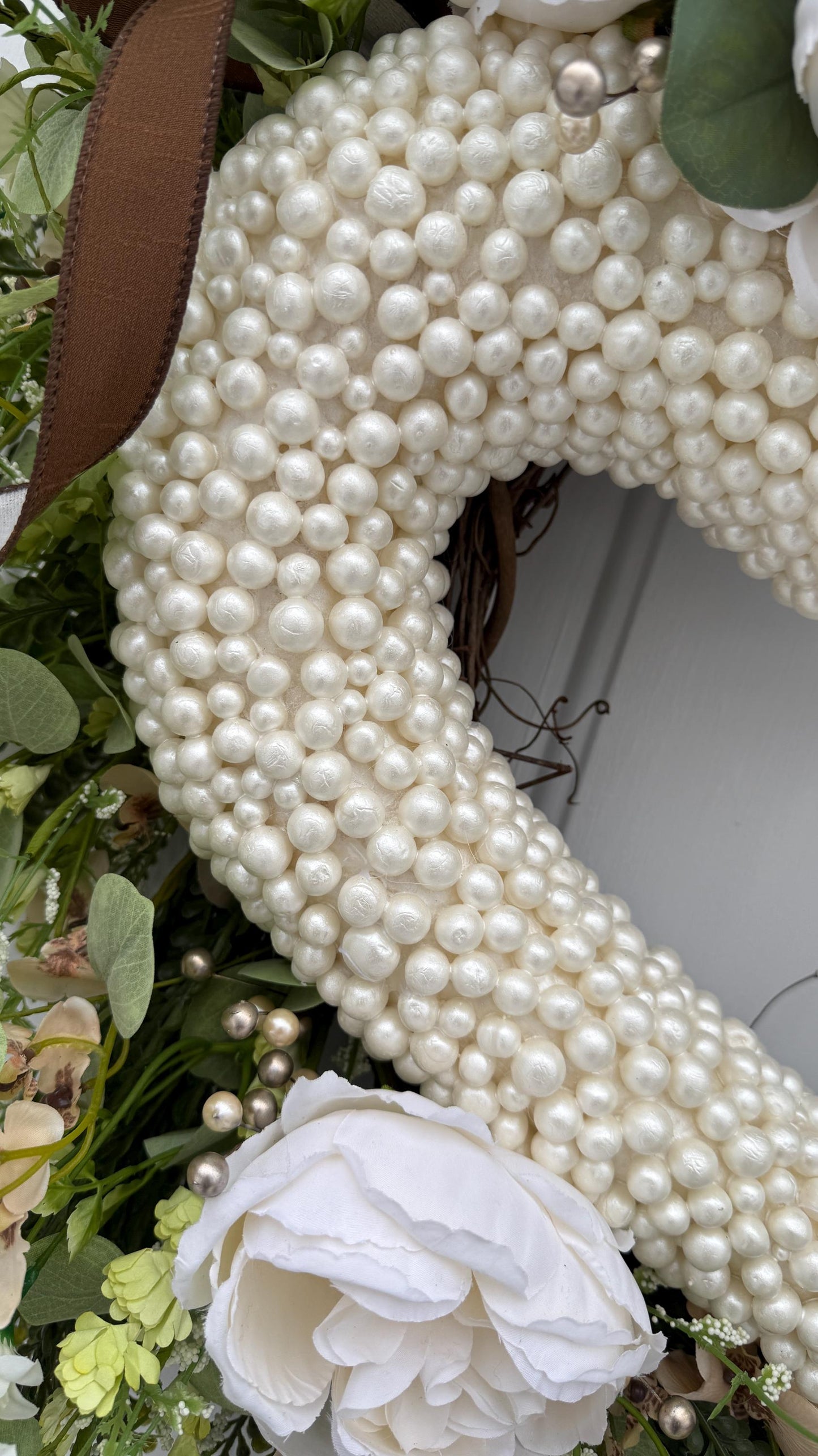Valentine Wreath with Greenery Pearls White Roses  Grapevine Spring Door Decor Valentine Decorations