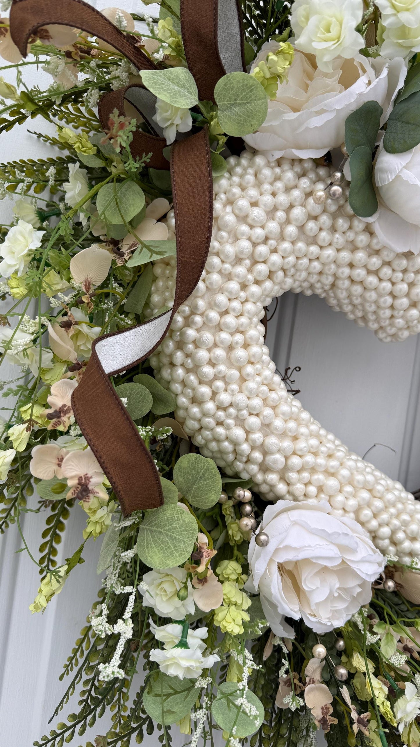 Valentine Wreath with Greenery Pearls White Roses  Grapevine Spring Door Decor Valentine Decorations