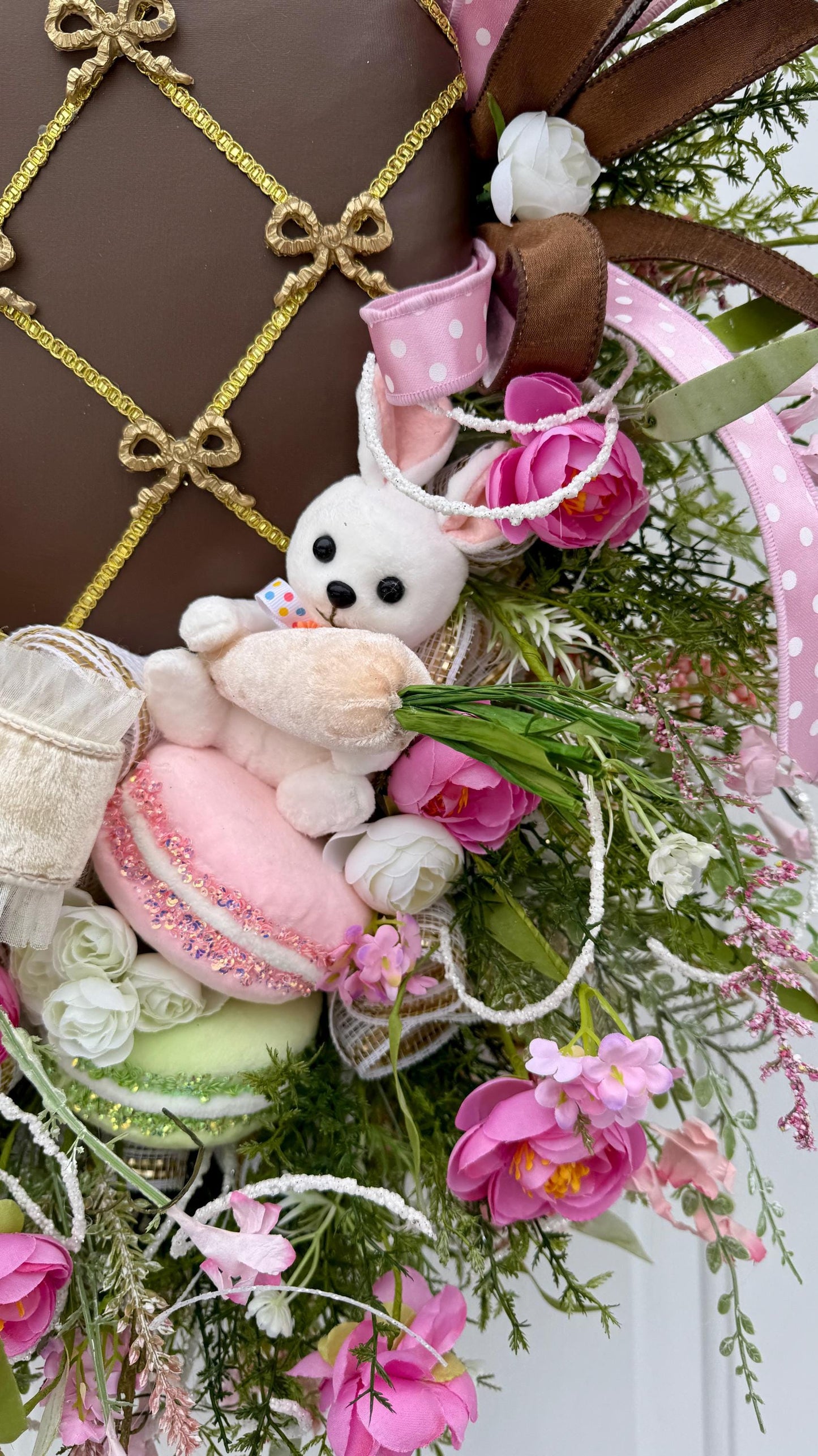 Elegant Chocolate Easter Egg Wreath – Pink Roses, Ribbons and Gold Accents  Spring Door Decor, Easter Wall Hanging