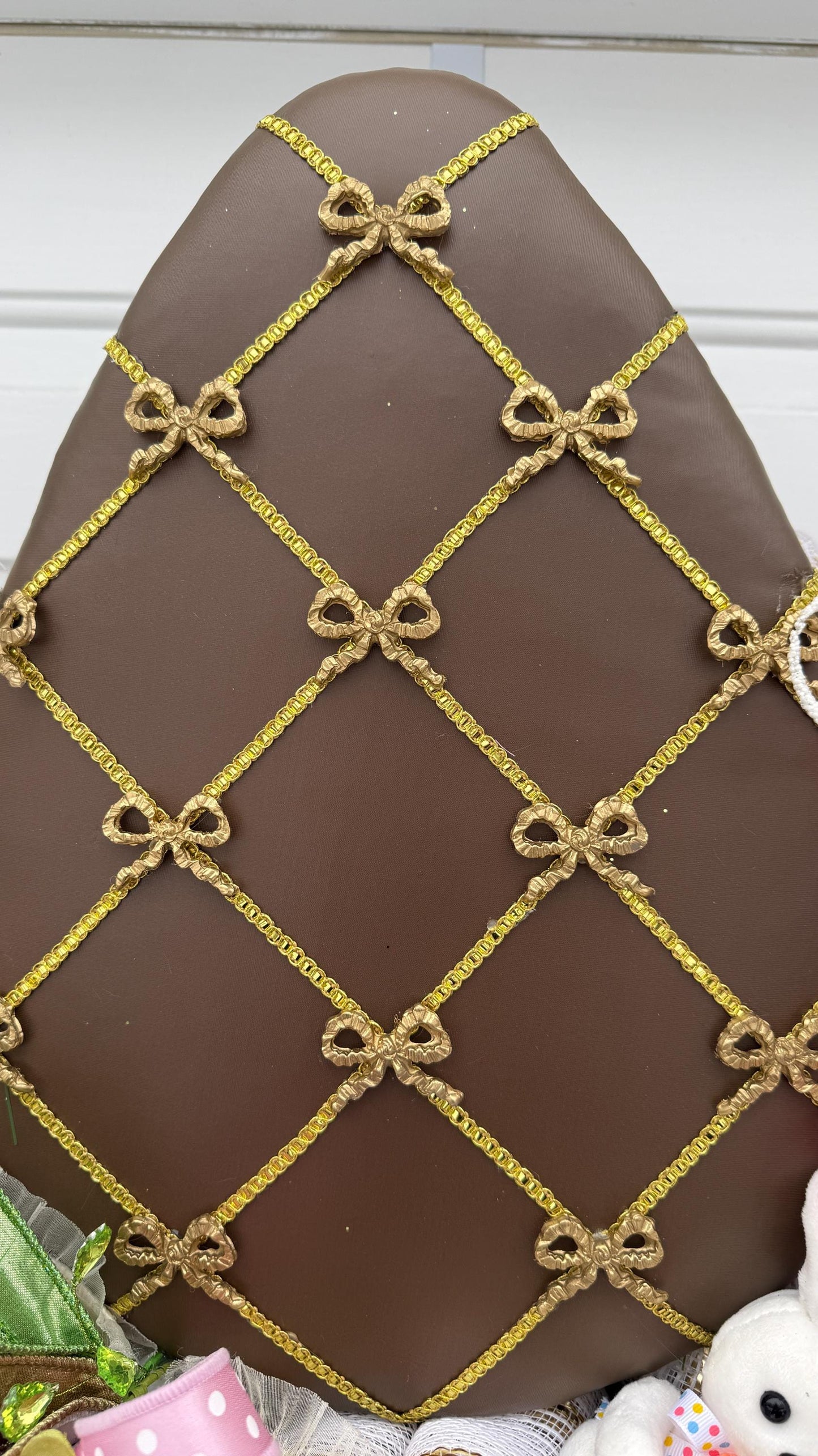 Elegant Chocolate Easter Egg Wreath – Pink Roses, Ribbons and Gold Accents  Spring Door Decor, Easter Wall Hanging