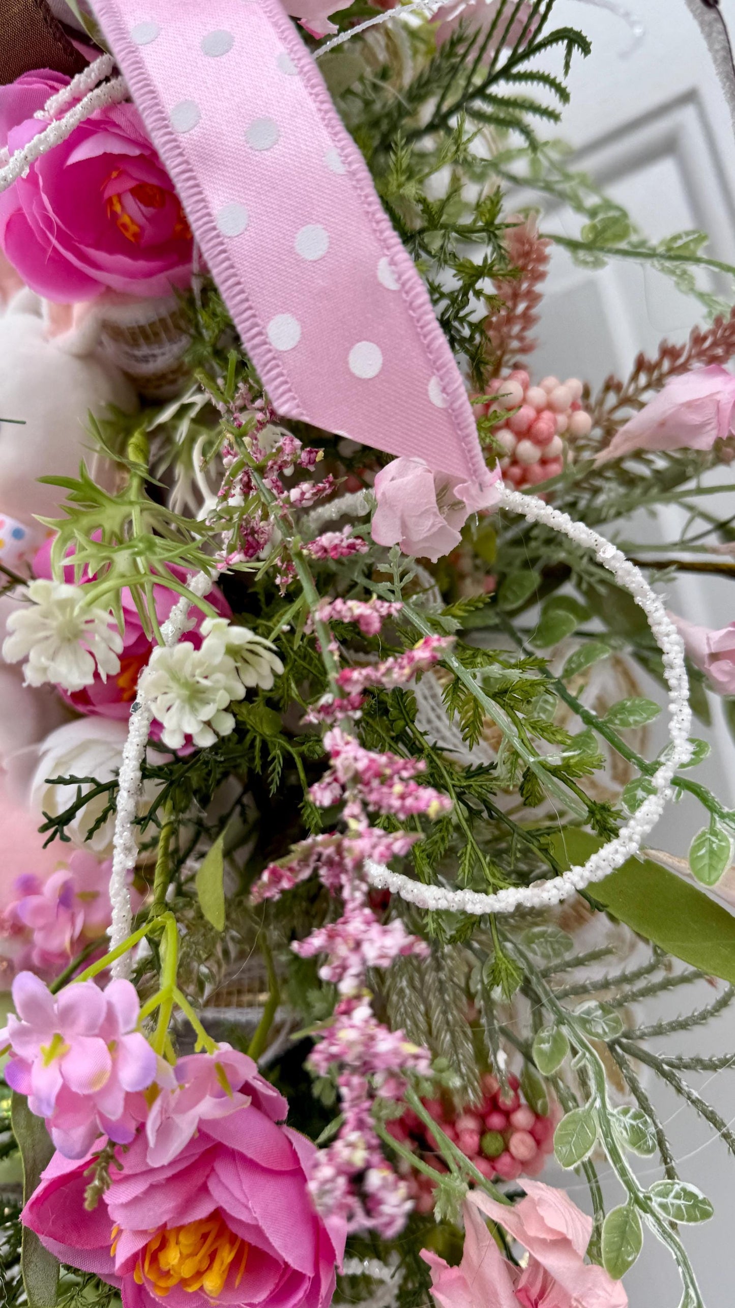 Elegant Chocolate Easter Egg Wreath – Pink Roses, Ribbons and Gold Accents  Spring Door Decor, Easter Wall Hanging