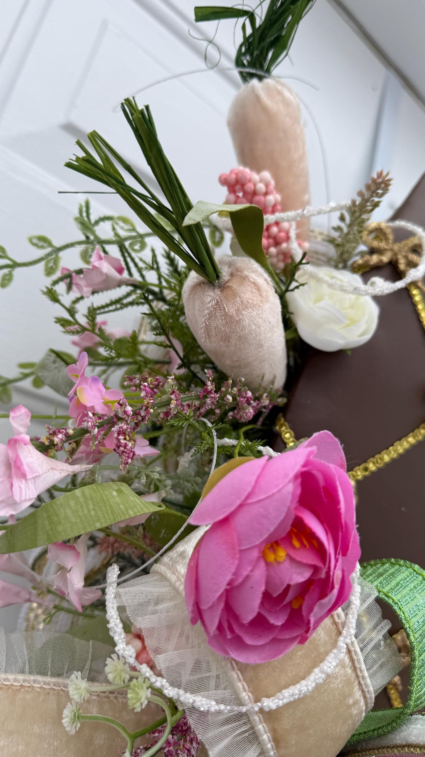 Elegant Chocolate Easter Egg Wreath – Pink Roses, Ribbons and Gold Accents  Spring Door Decor, Easter Wall Hanging