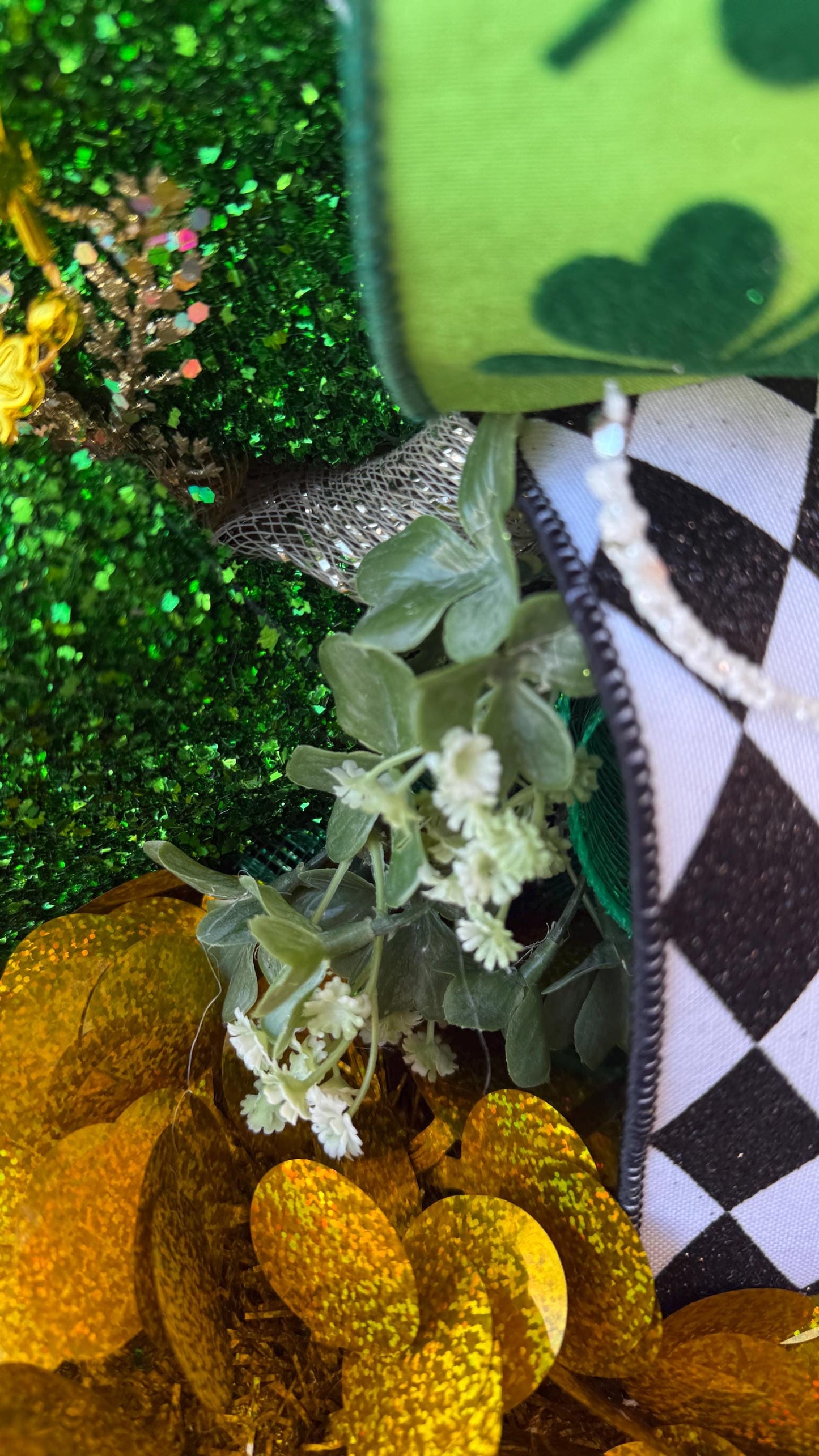 St. Patrick's Day Shamrock Wreath  Green  Gold Clover Door Decor with Glitter Designer  Ribbons