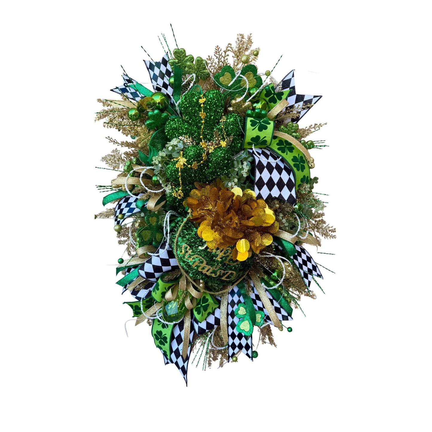 St. Patrick's Day Shamrock Wreath  Green  Gold Clover Door Decor with Glitter Designer  Ribbons