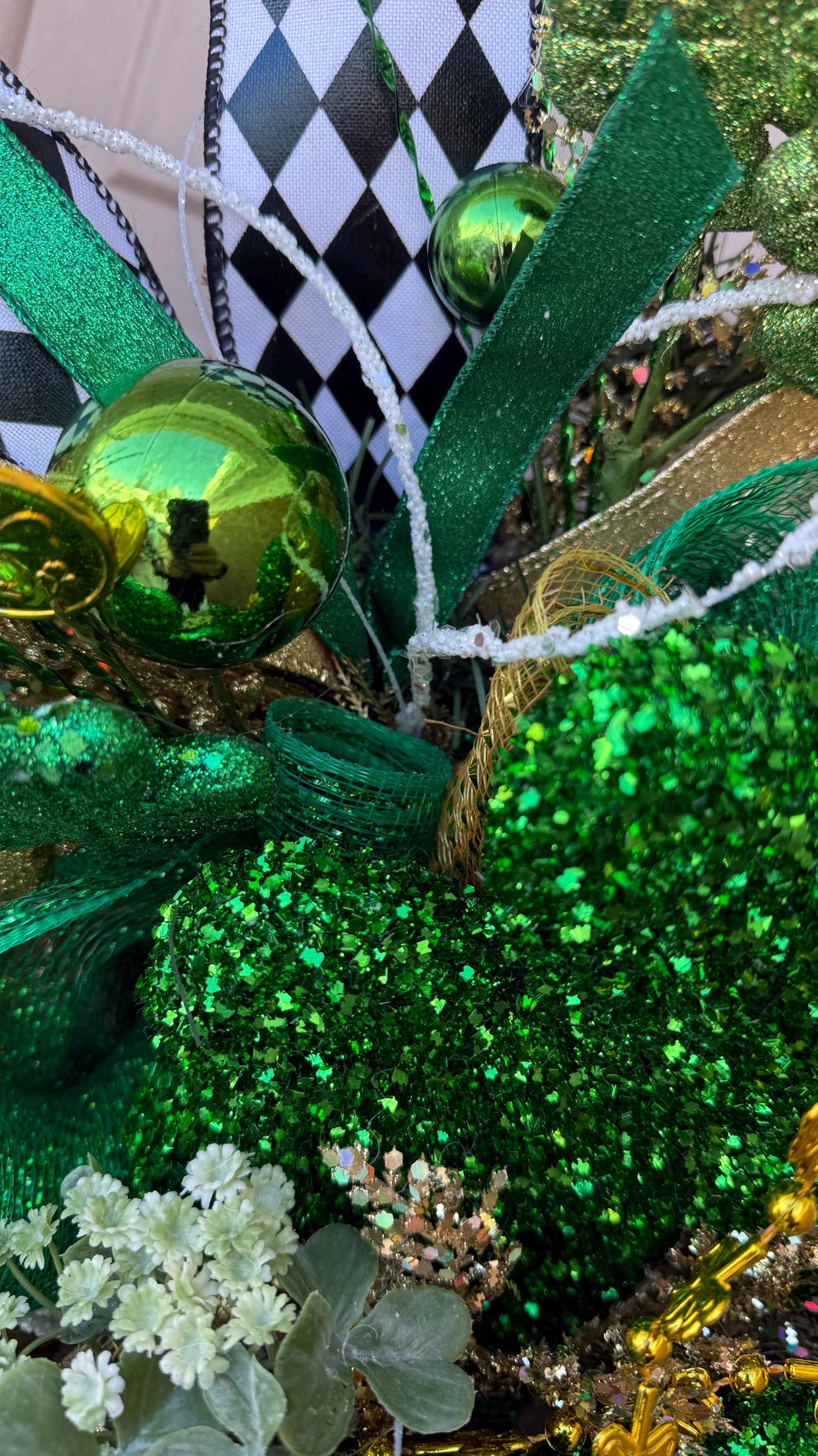 St. Patrick's Day Shamrock Wreath  Green  Gold Clover Door Decor with Glitter Designer  Ribbons