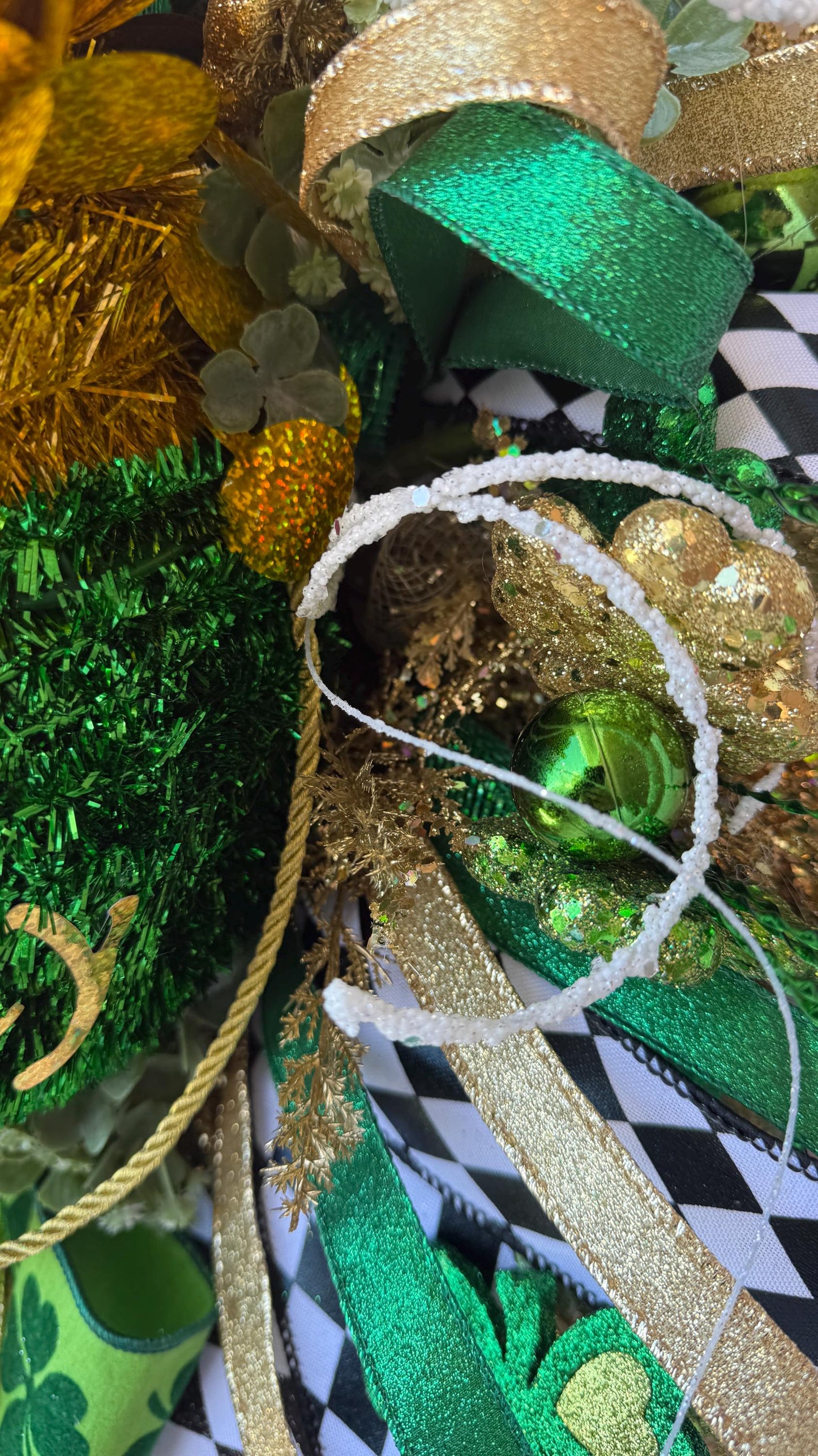 St. Patrick's Day Shamrock Wreath  Green  Gold Clover Door Decor with Glitter Designer  Ribbons