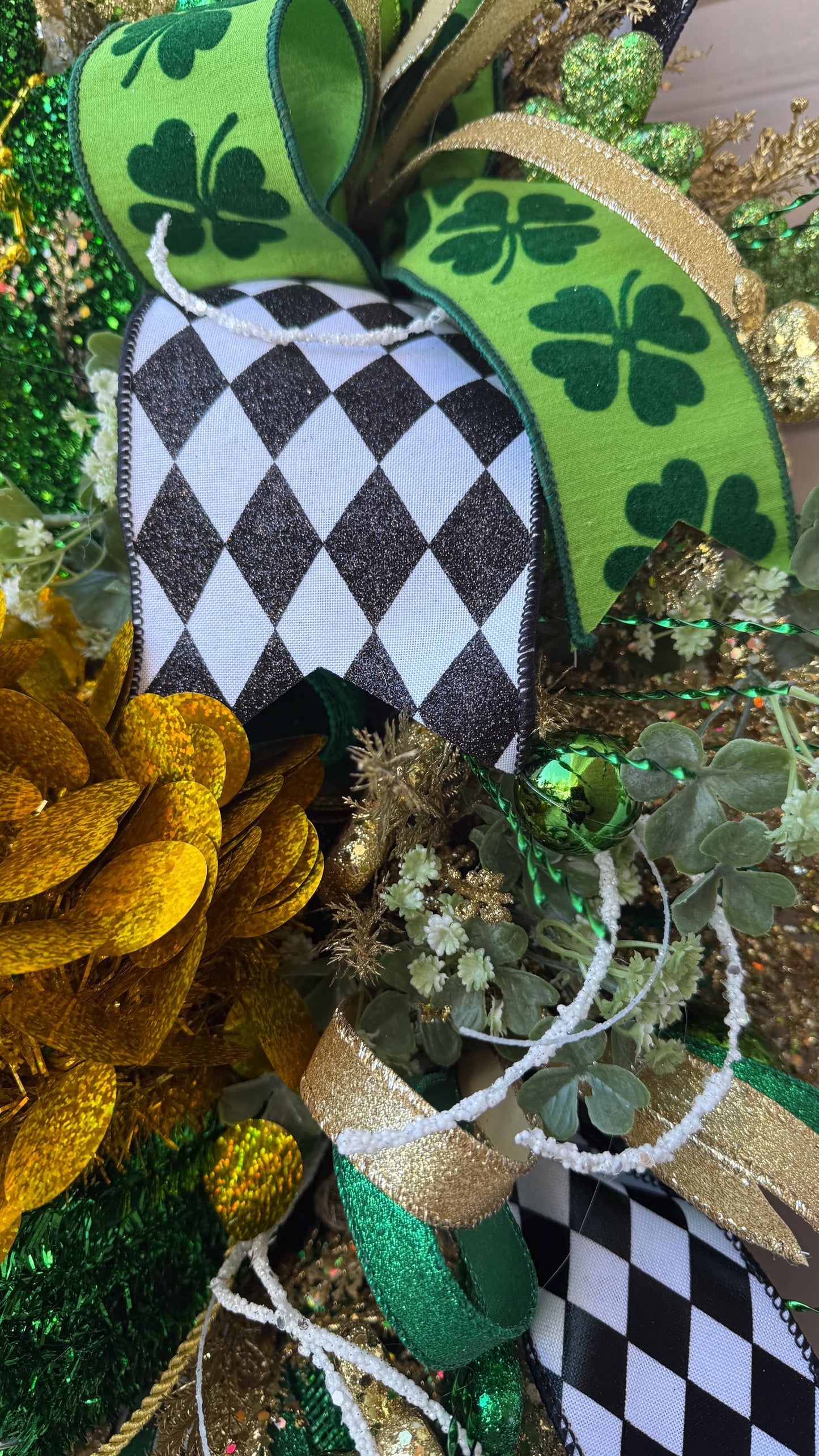St. Patrick's Day Shamrock Wreath  Green  Gold Clover Door Decor with Glitter Designer  Ribbons