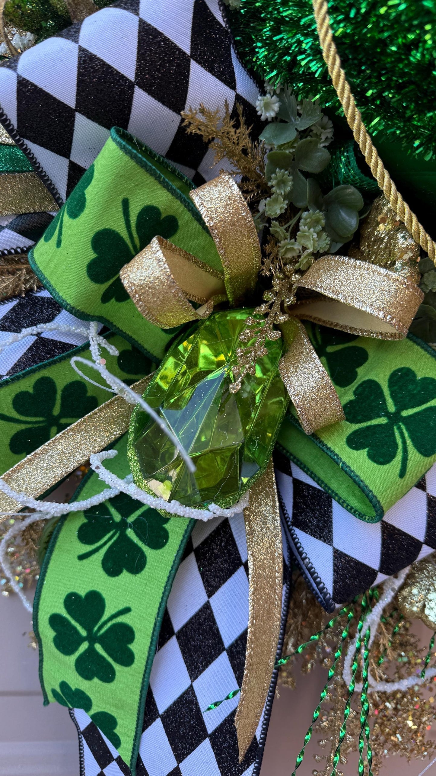 St. Patrick's Day Shamrock Wreath  Green  Gold Clover Door Decor with Glitter Designer  Ribbons