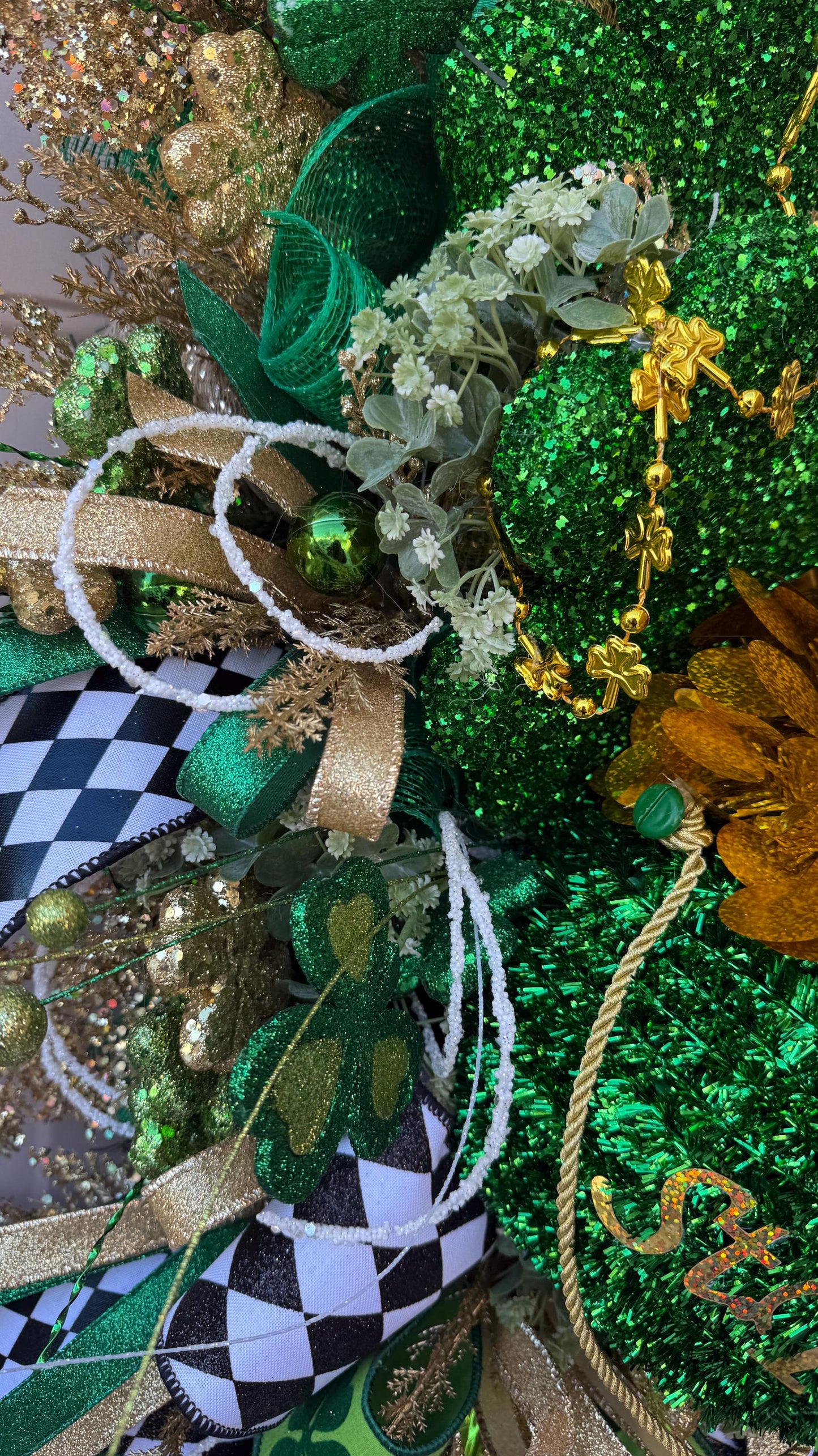 St. Patrick's Day Shamrock Wreath  Green  Gold Clover Door Decor with Glitter Designer  Ribbons