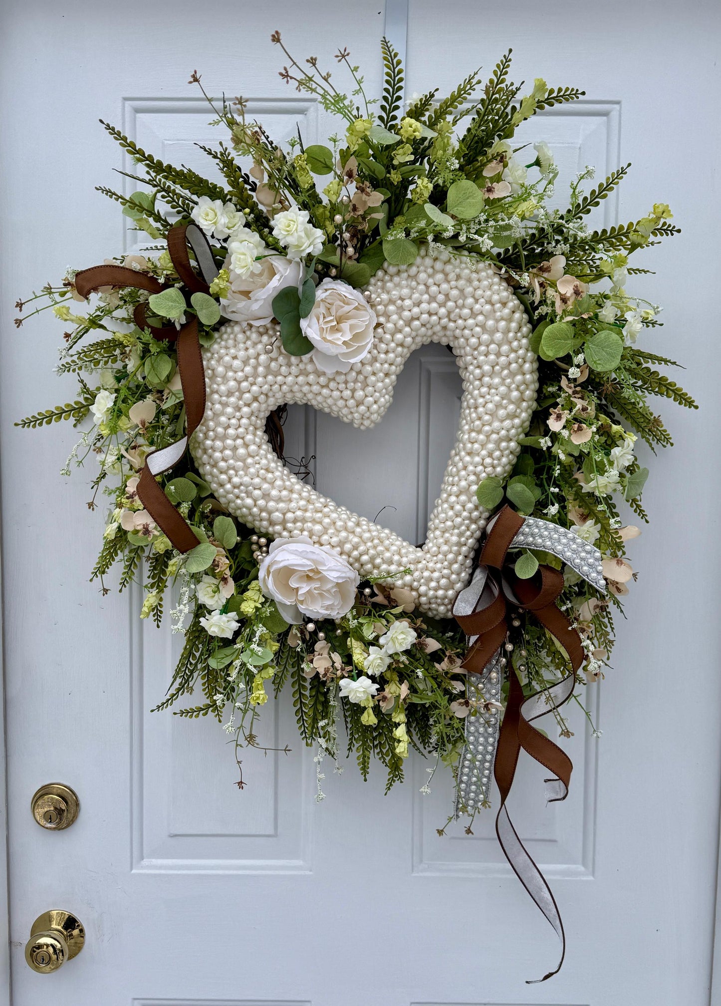 Valentine Wreath with Greenery Pearls White Roses  Grapevine Spring Door Decor Valentine Decorations