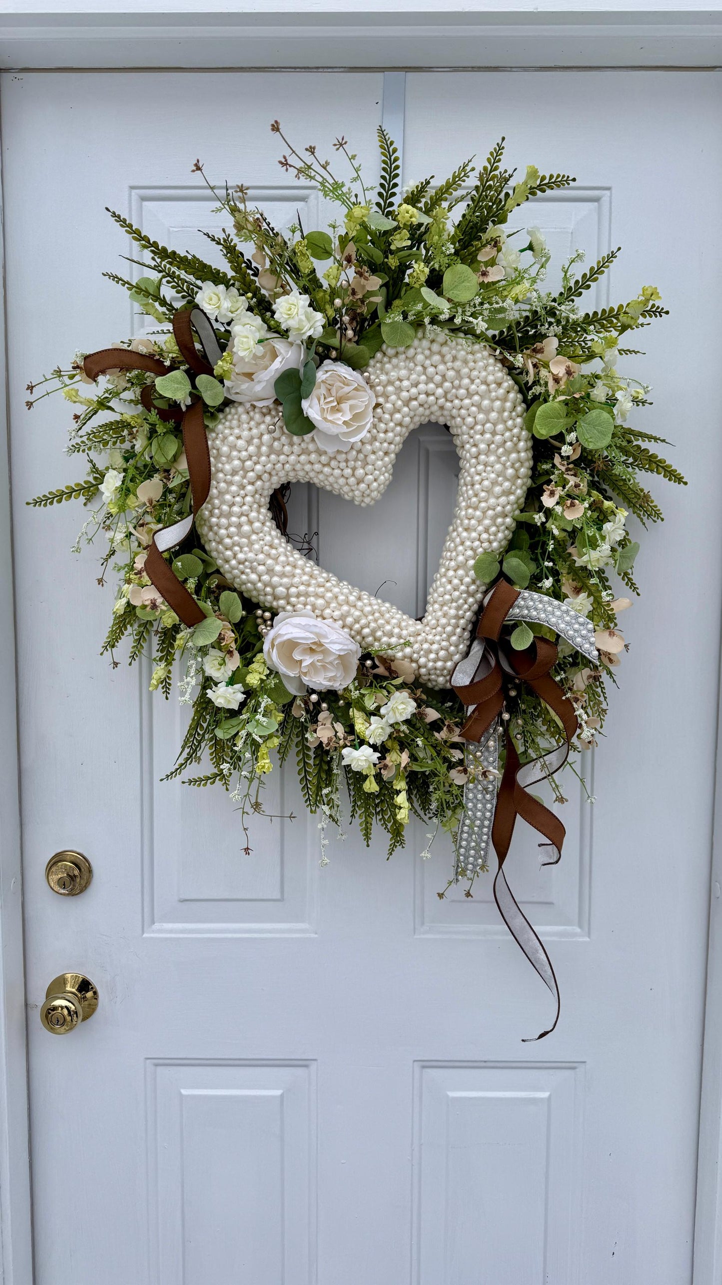 Valentine Wreath with Greenery Pearls White Roses  Grapevine Spring Door Decor Valentine Decorations