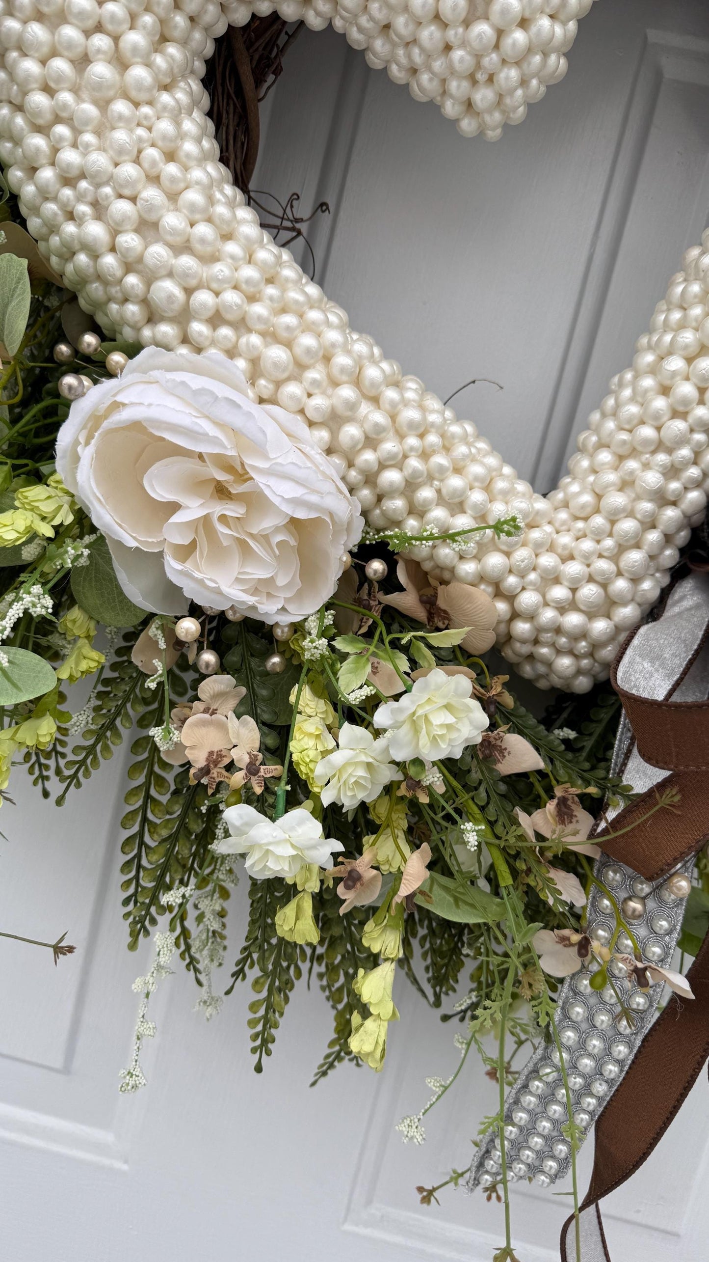 Valentine Wreath with Greenery Pearls White Roses  Grapevine Spring Door Decor Valentine Decorations