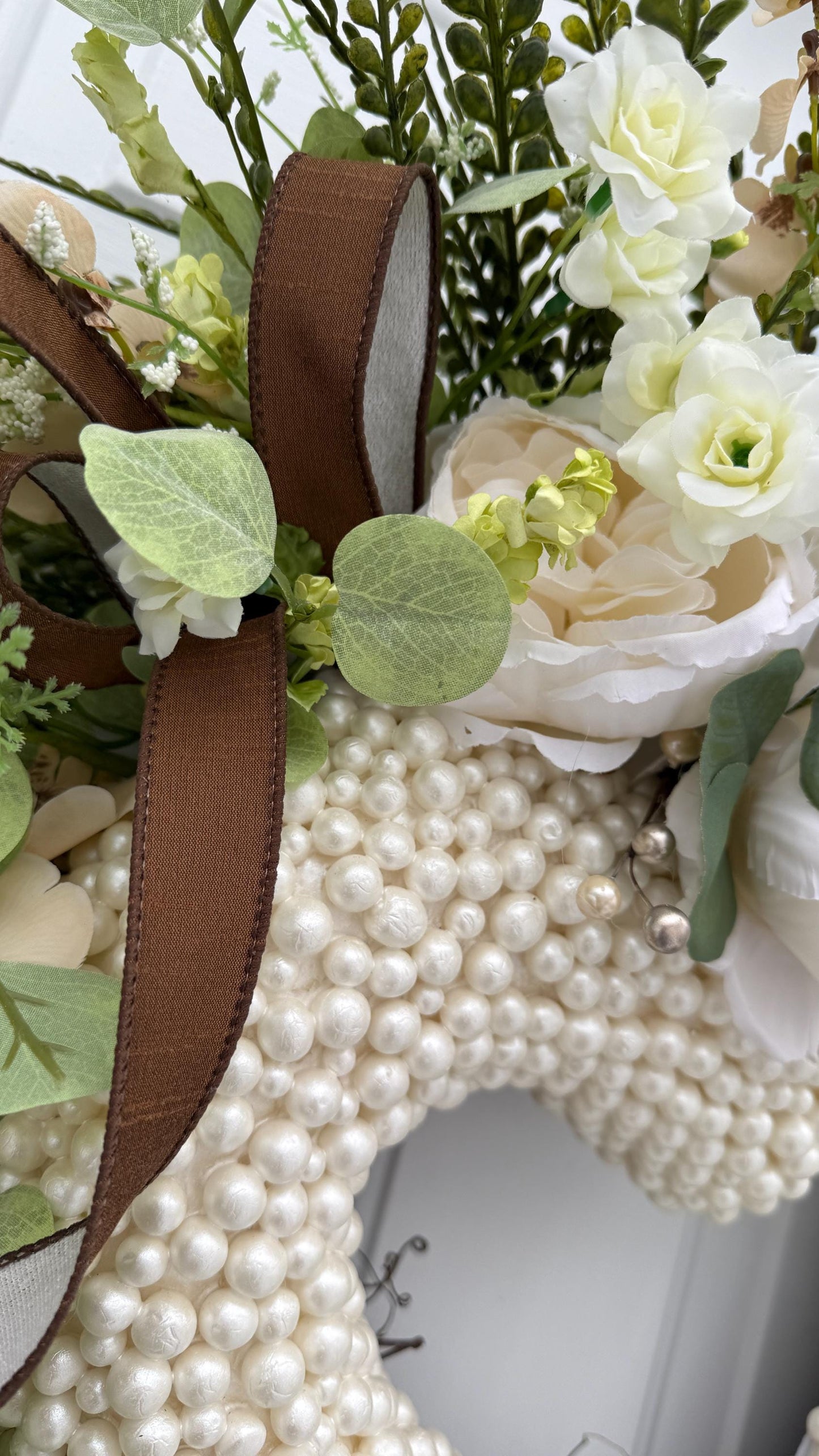 Valentine Wreath with Greenery Pearls White Roses  Grapevine Spring Door Decor Valentine Decorations