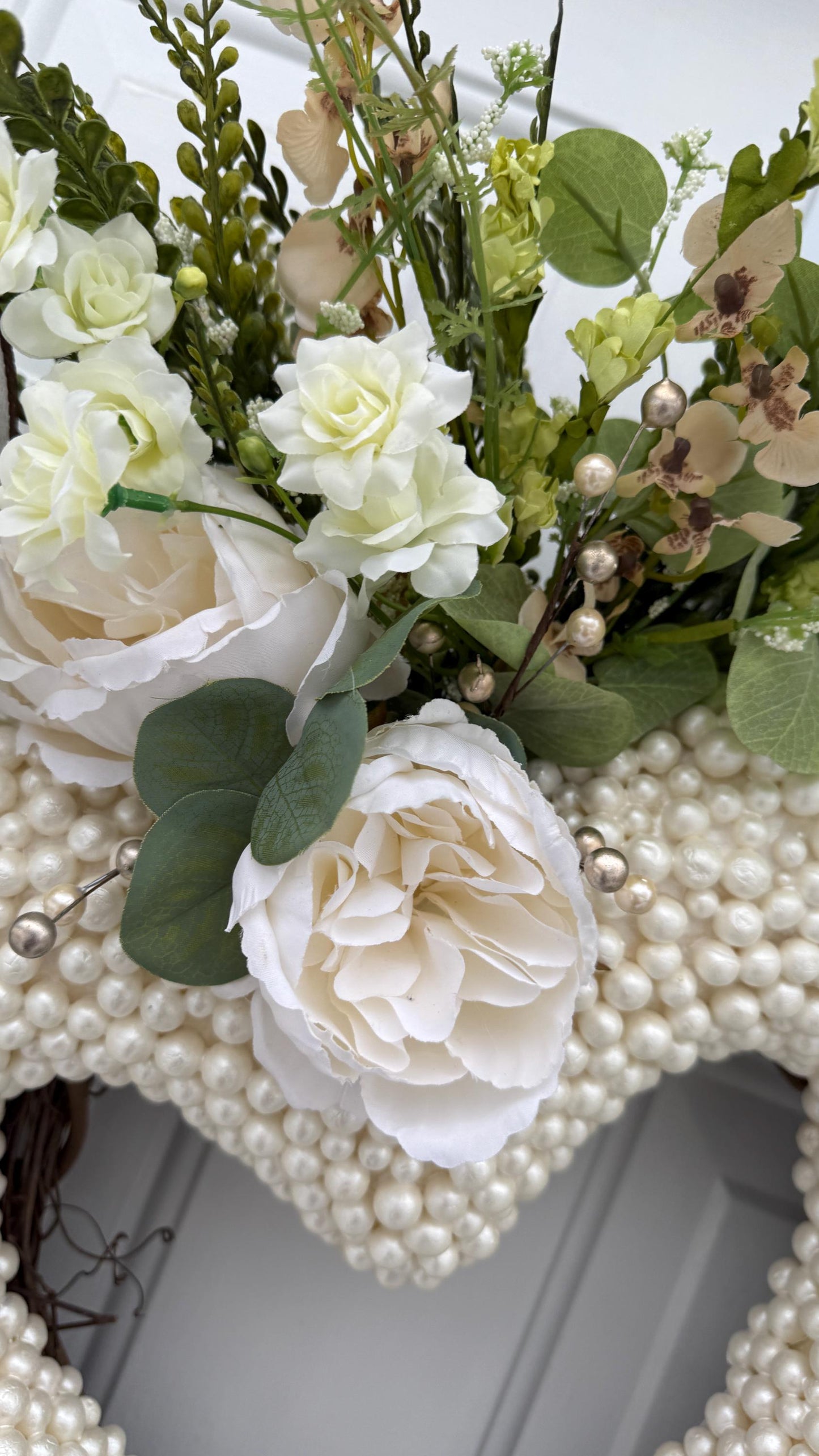 Valentine Wreath with Greenery Pearls White Roses  Grapevine Spring Door Decor Valentine Decorations