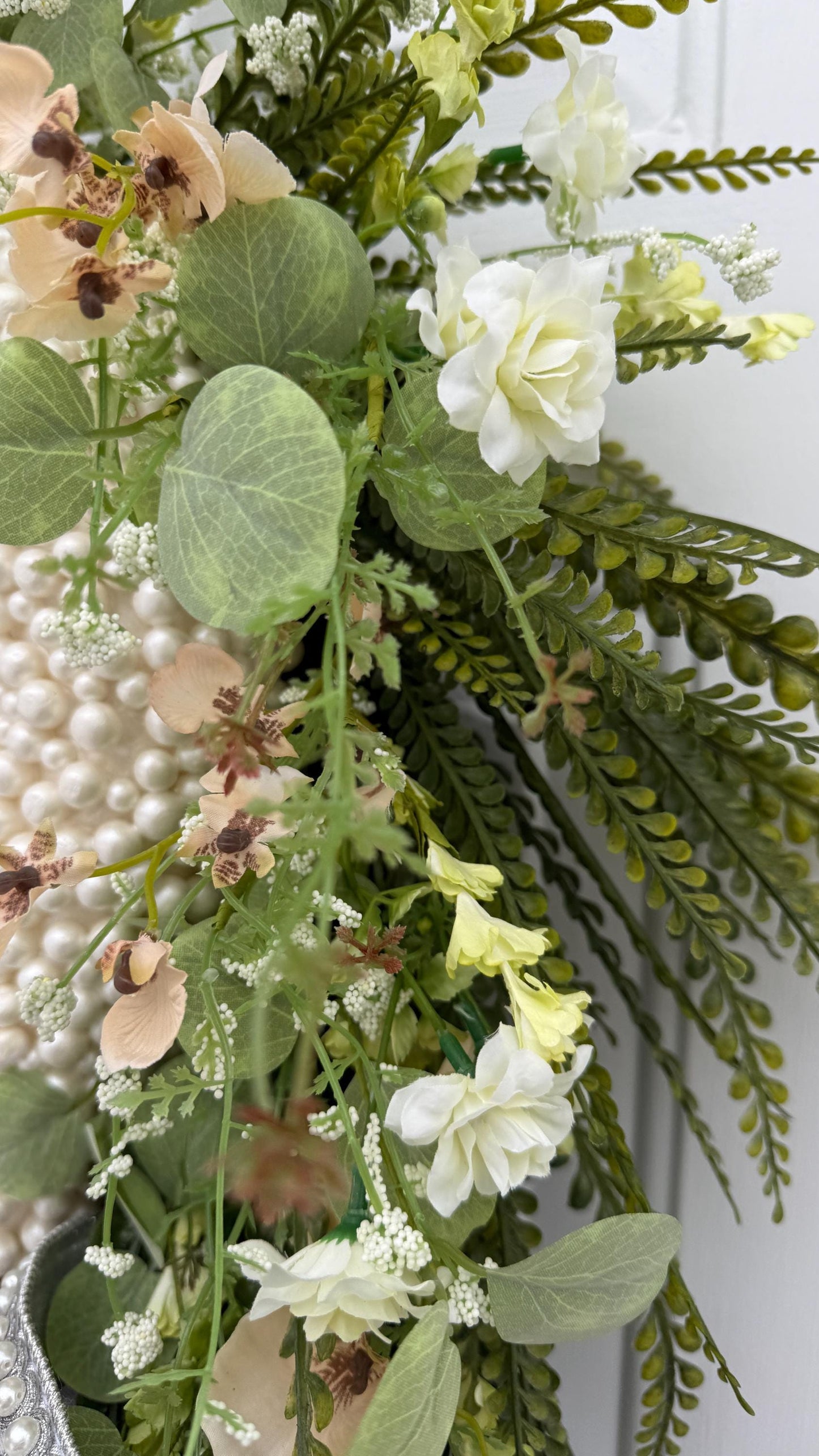 Valentine Wreath with Greenery Pearls White Roses  Grapevine Spring Door Decor Valentine Decorations