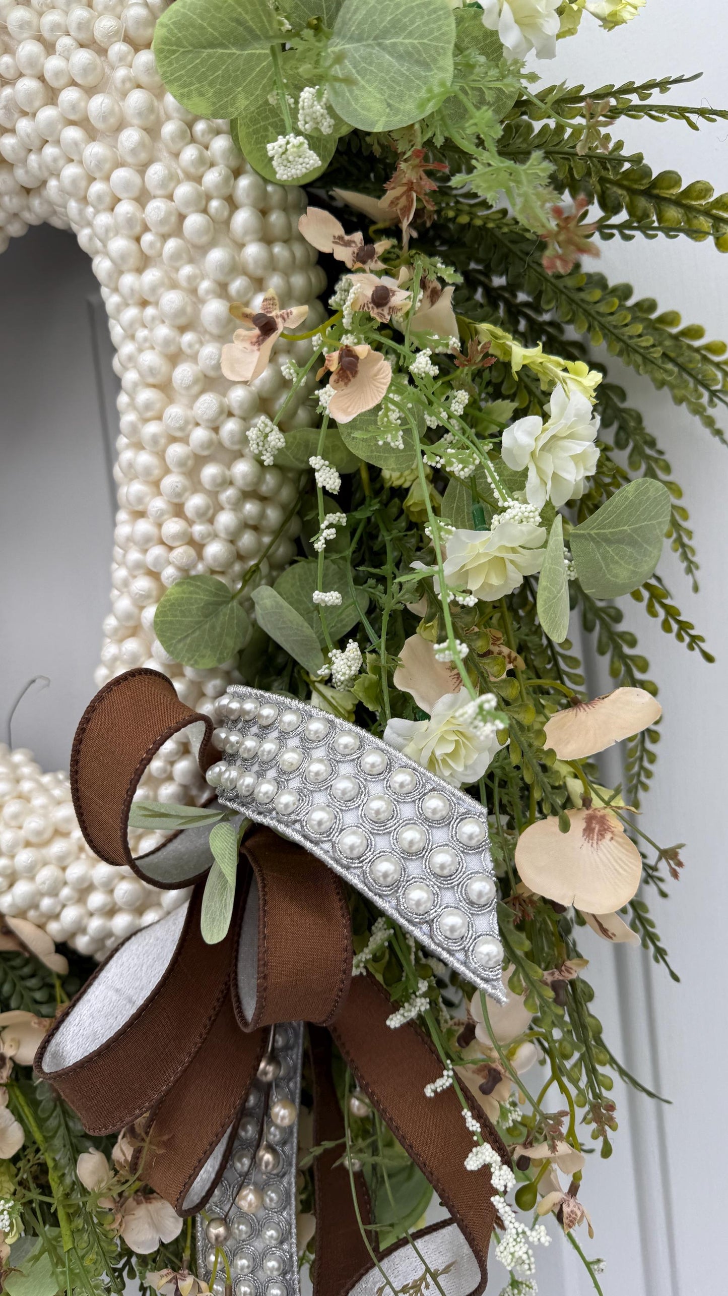 Valentine Wreath with Greenery Pearls White Roses  Grapevine Spring Door Decor Valentine Decorations