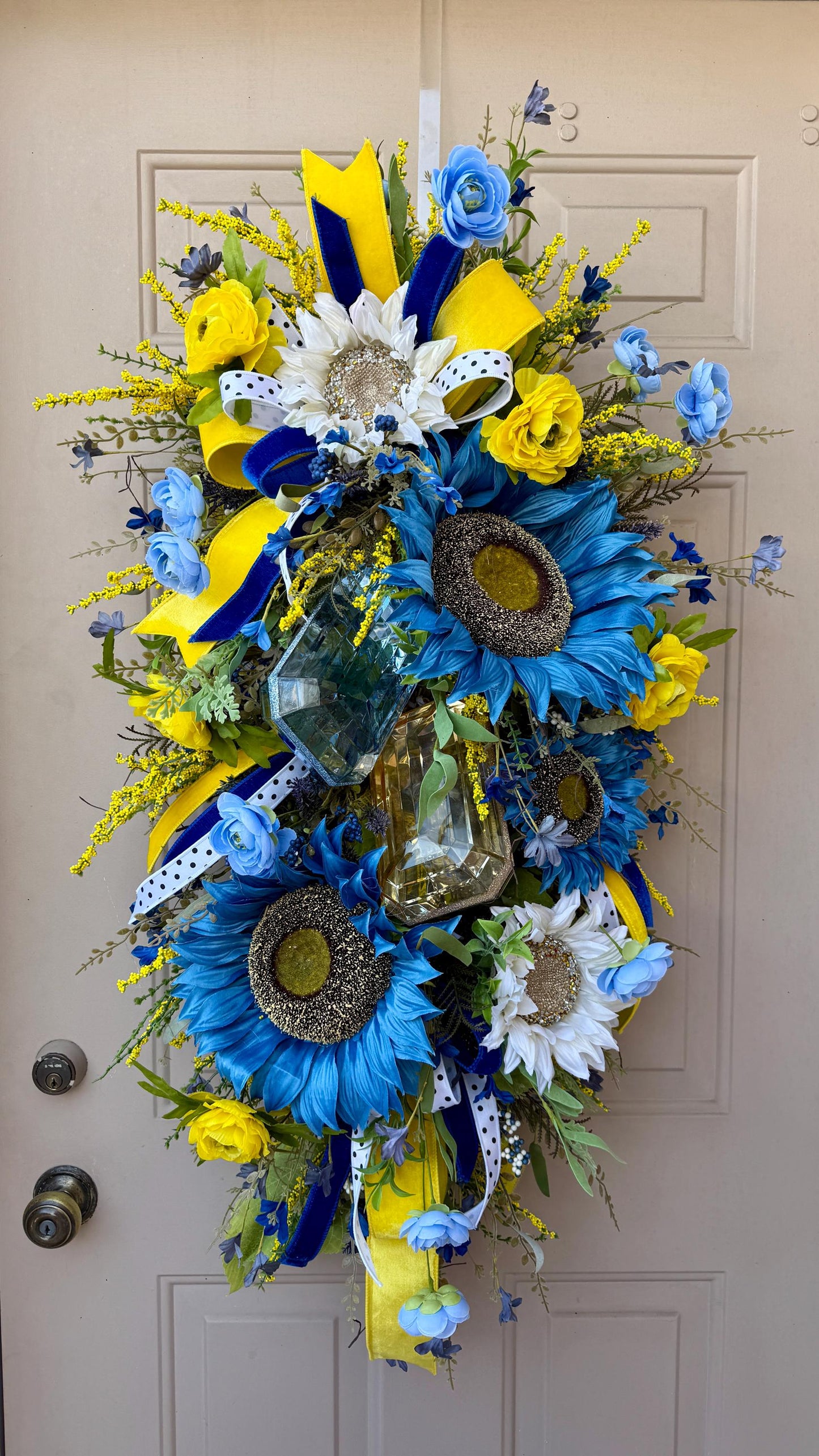 Blue And Yellow Sunflower Swag With Ribbon And Crystals Spring Front Door Wreath Faux Floral Wall Decor
