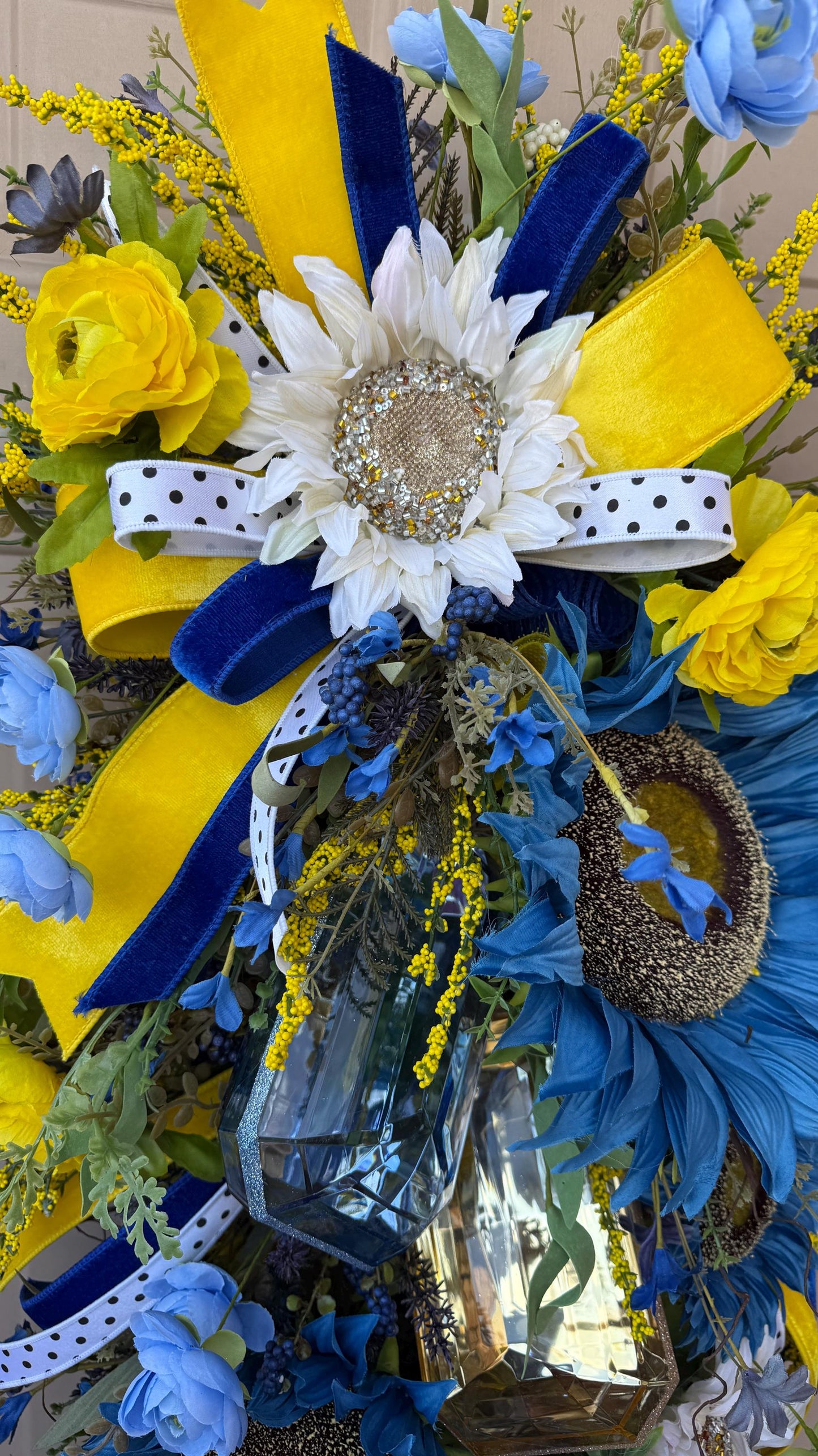 Blue And Yellow Sunflower Swag With Ribbon And Crystals Spring Front Door Wreath Faux Floral Wall Decor