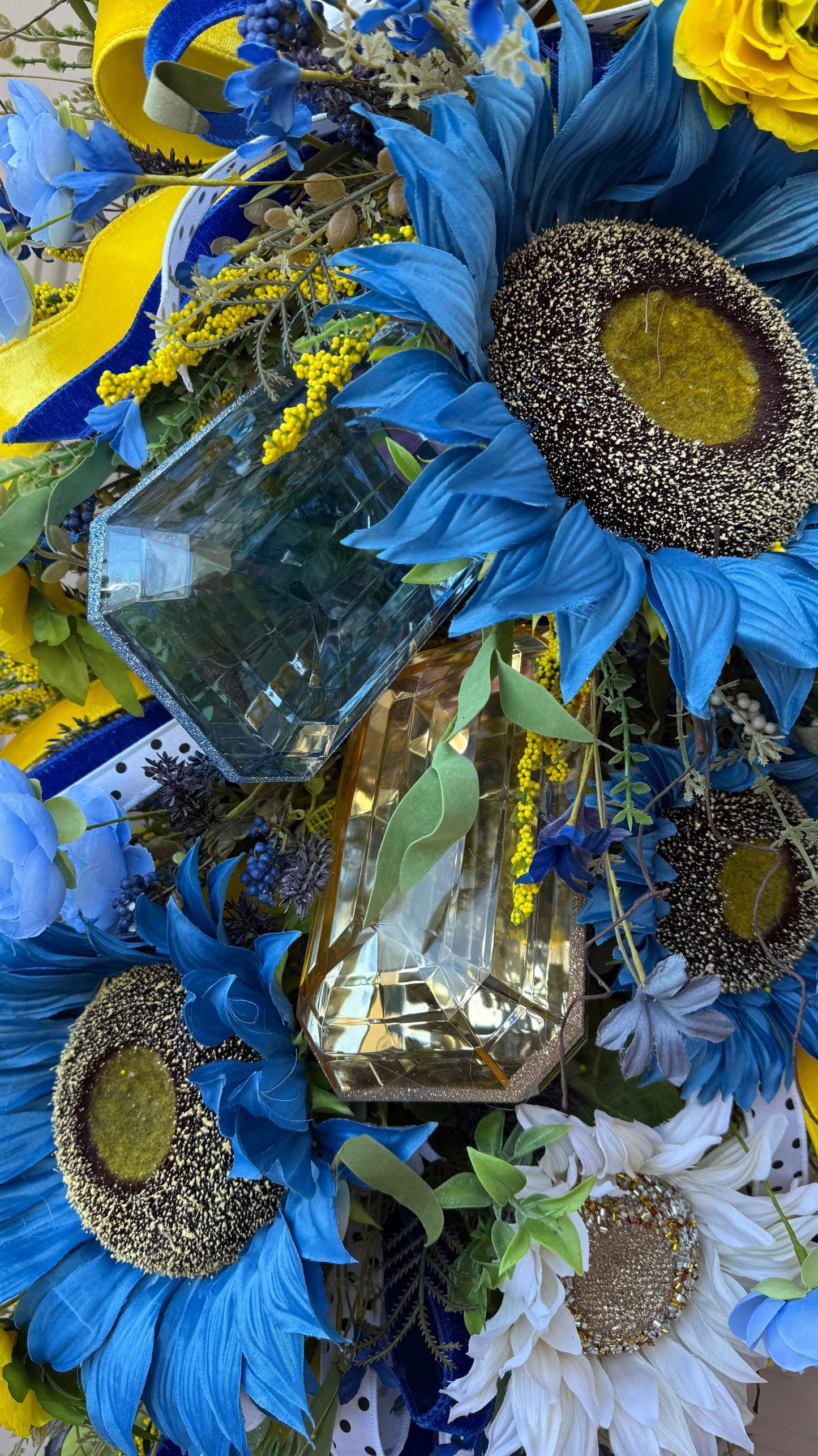 Blue And Yellow Sunflower Swag With Ribbon And Crystals Spring Front Door Wreath Faux Floral Wall Decor