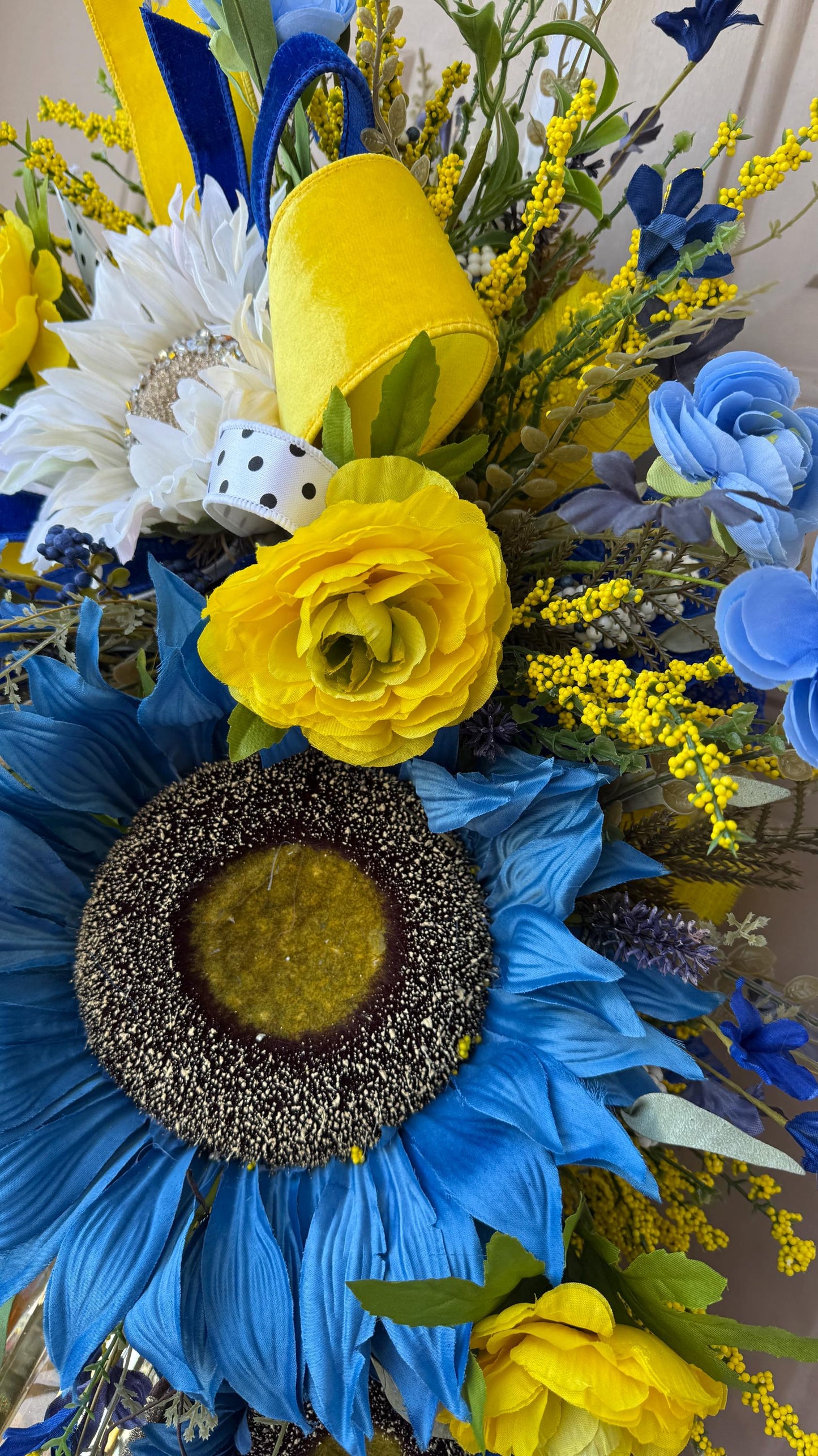 Blue And Yellow Sunflower Swag With Ribbon And Crystals Spring Front Door Wreath Faux Floral Wall Decor