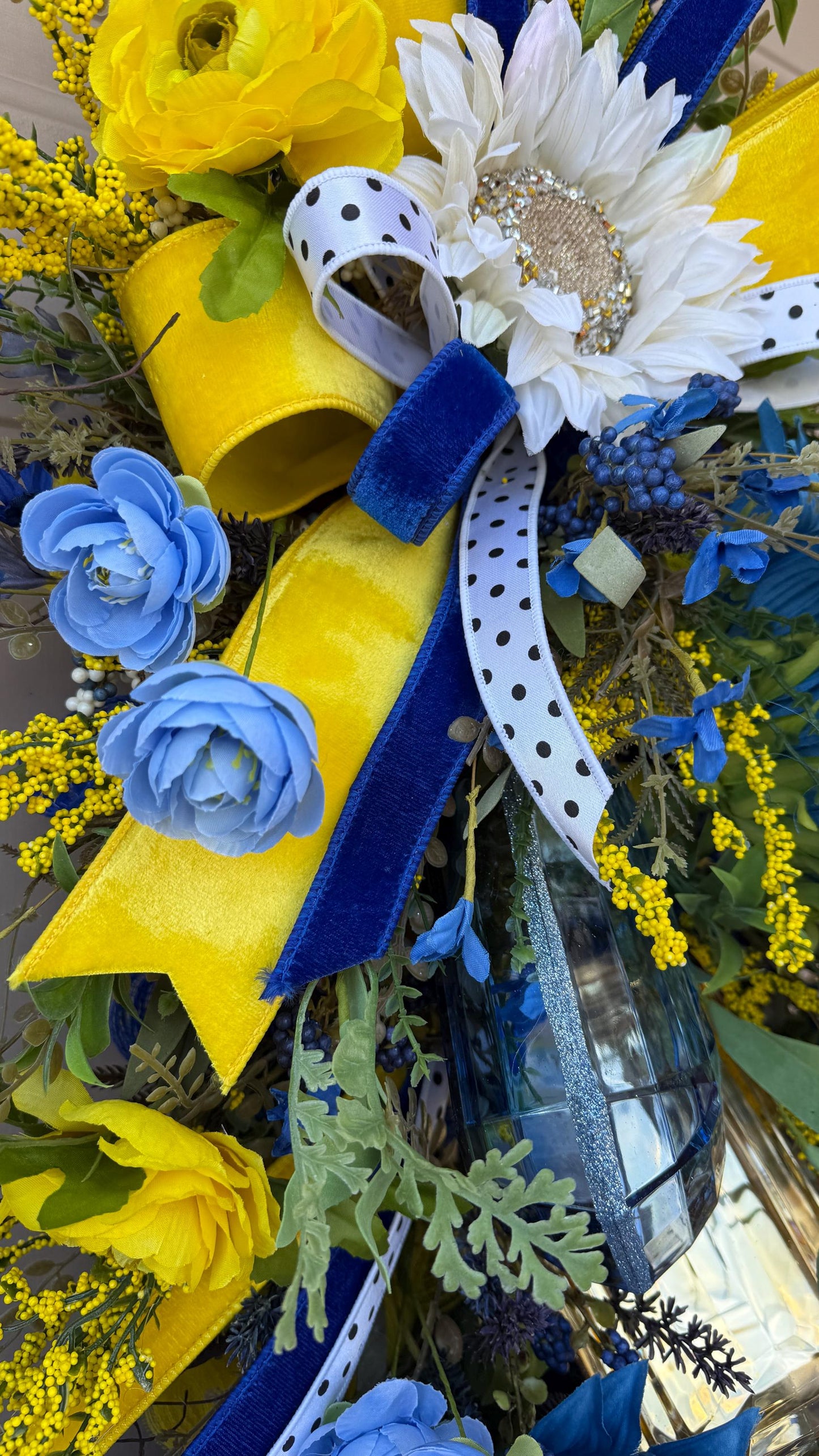 Blue And Yellow Sunflower Swag With Ribbon And Crystals Spring Front Door Wreath Faux Floral Wall Decor