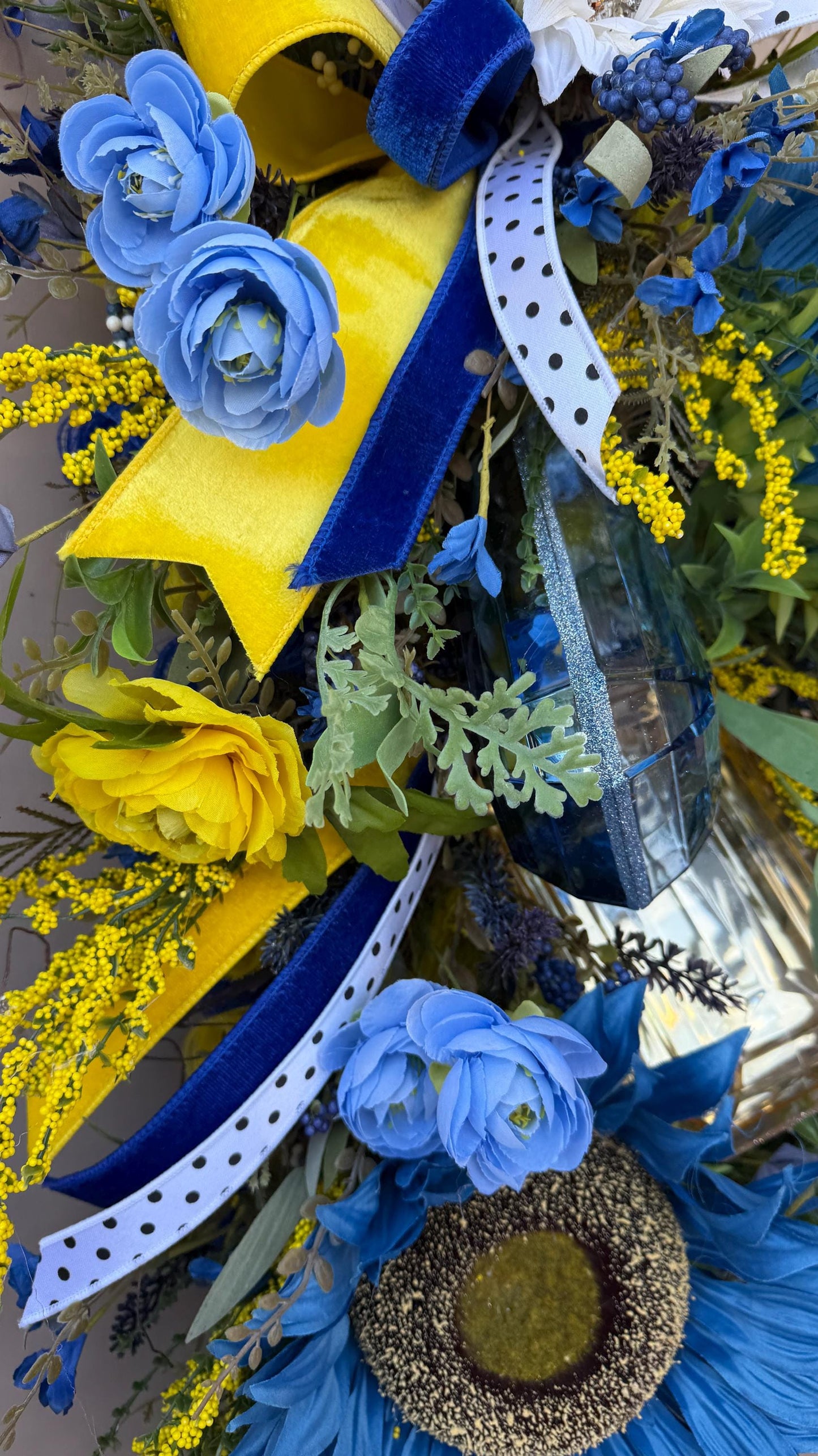 Blue And Yellow Sunflower Swag With Ribbon And Crystals Spring Front Door Wreath Faux Floral Wall Decor