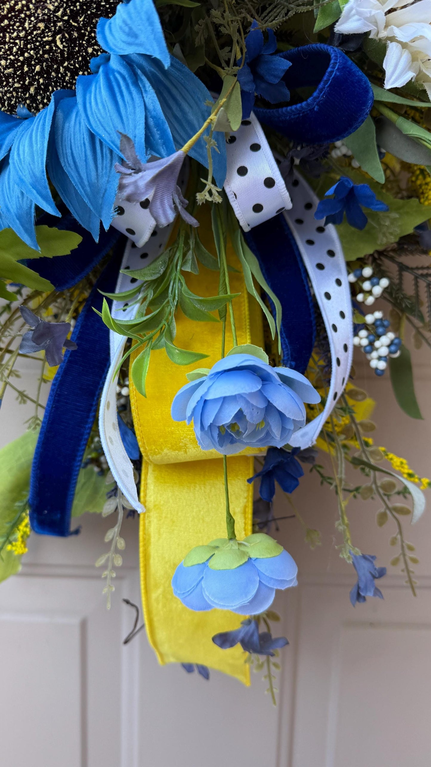 Blue And Yellow Sunflower Swag With Ribbon And Crystals Spring Front Door Wreath Faux Floral Wall Decor