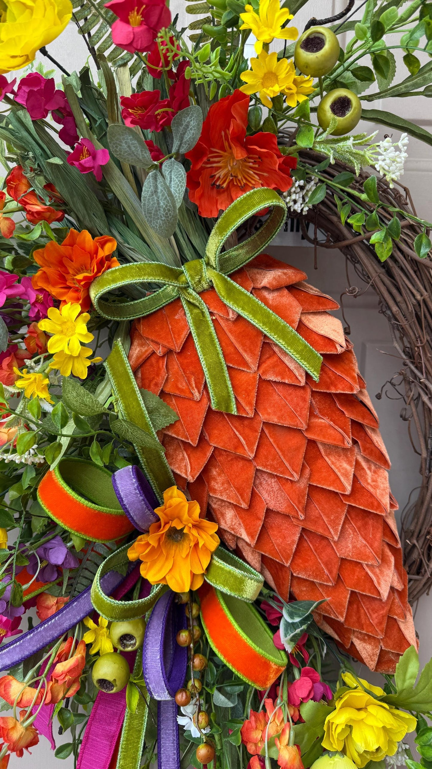 XL Spring Carrot Grapevine Wreath with Velvet Carrot and Designer Ribbon