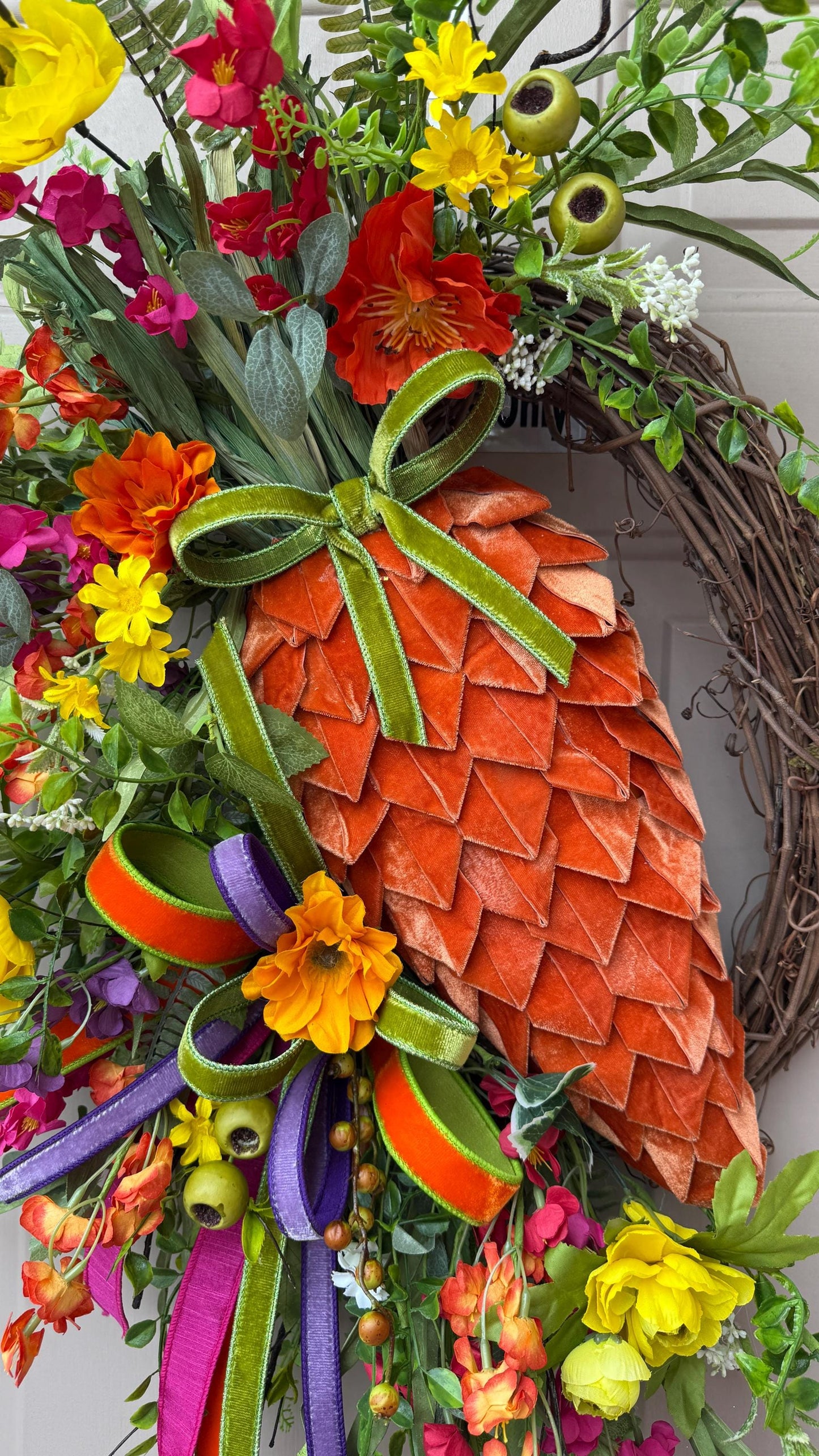 XL Spring Carrot Grapevine Wreath with Velvet Carrot and Designer Ribbon