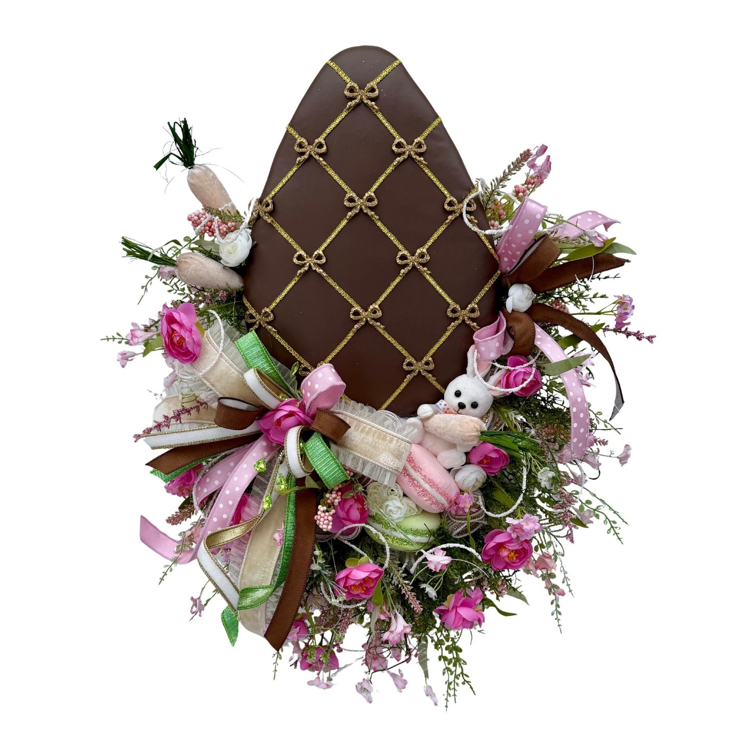 Elegant Chocolate Easter Egg Wreath – Pink Roses, Ribbons and Gold Accents  Spring Door Decor, Easter Wall Hanging