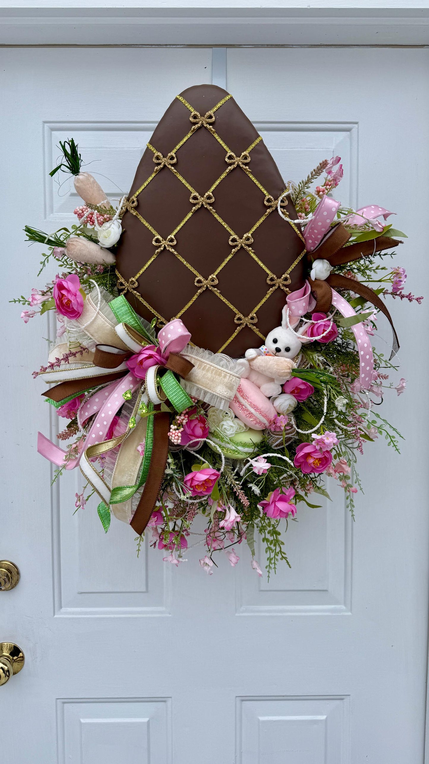 Elegant Chocolate Easter Egg Wreath – Pink Roses, Ribbons and Gold Accents  Spring Door Decor, Easter Wall Hanging