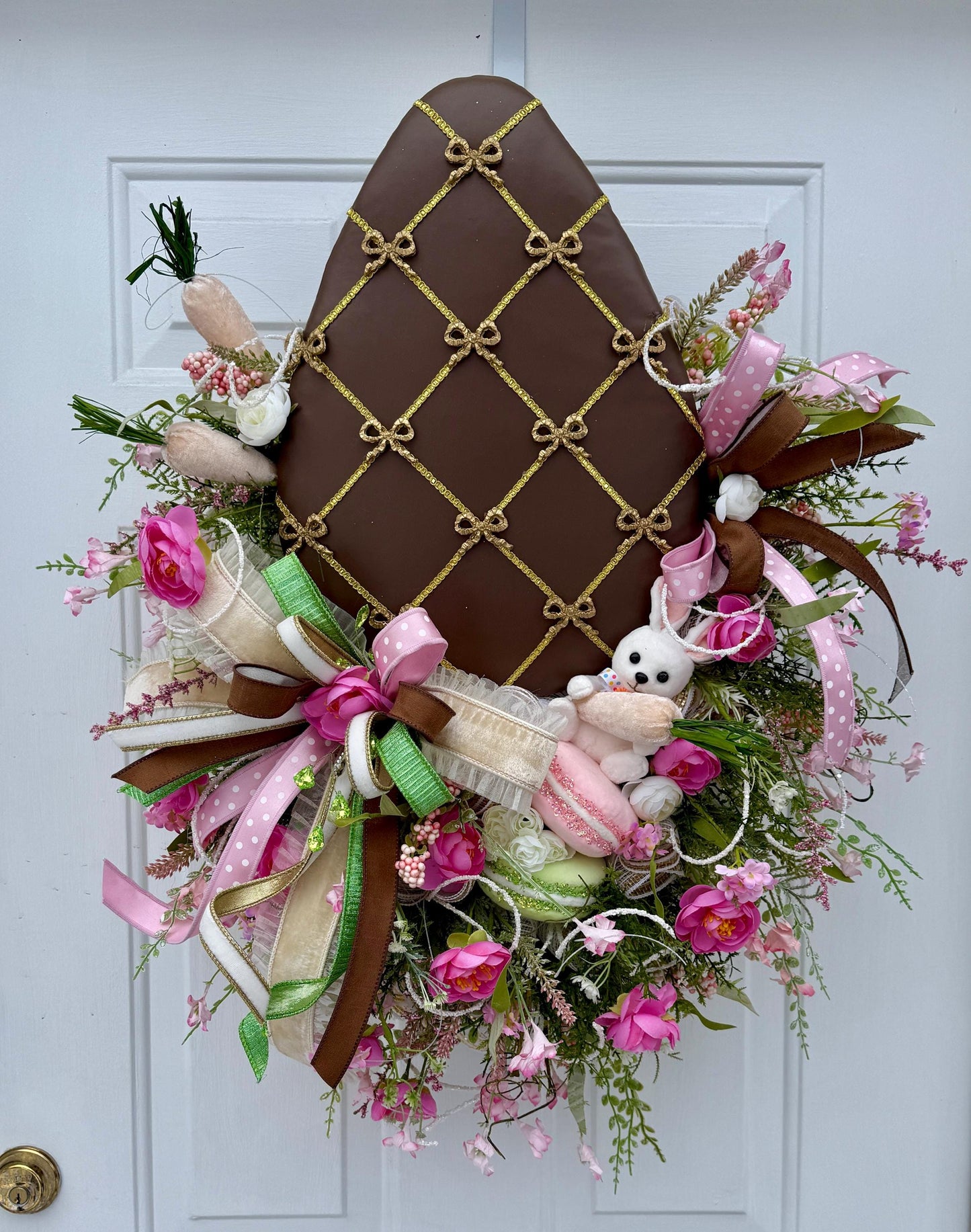 Elegant Chocolate Easter Egg Wreath – Pink Roses, Ribbons and Gold Accents  Spring Door Decor, Easter Wall Hanging