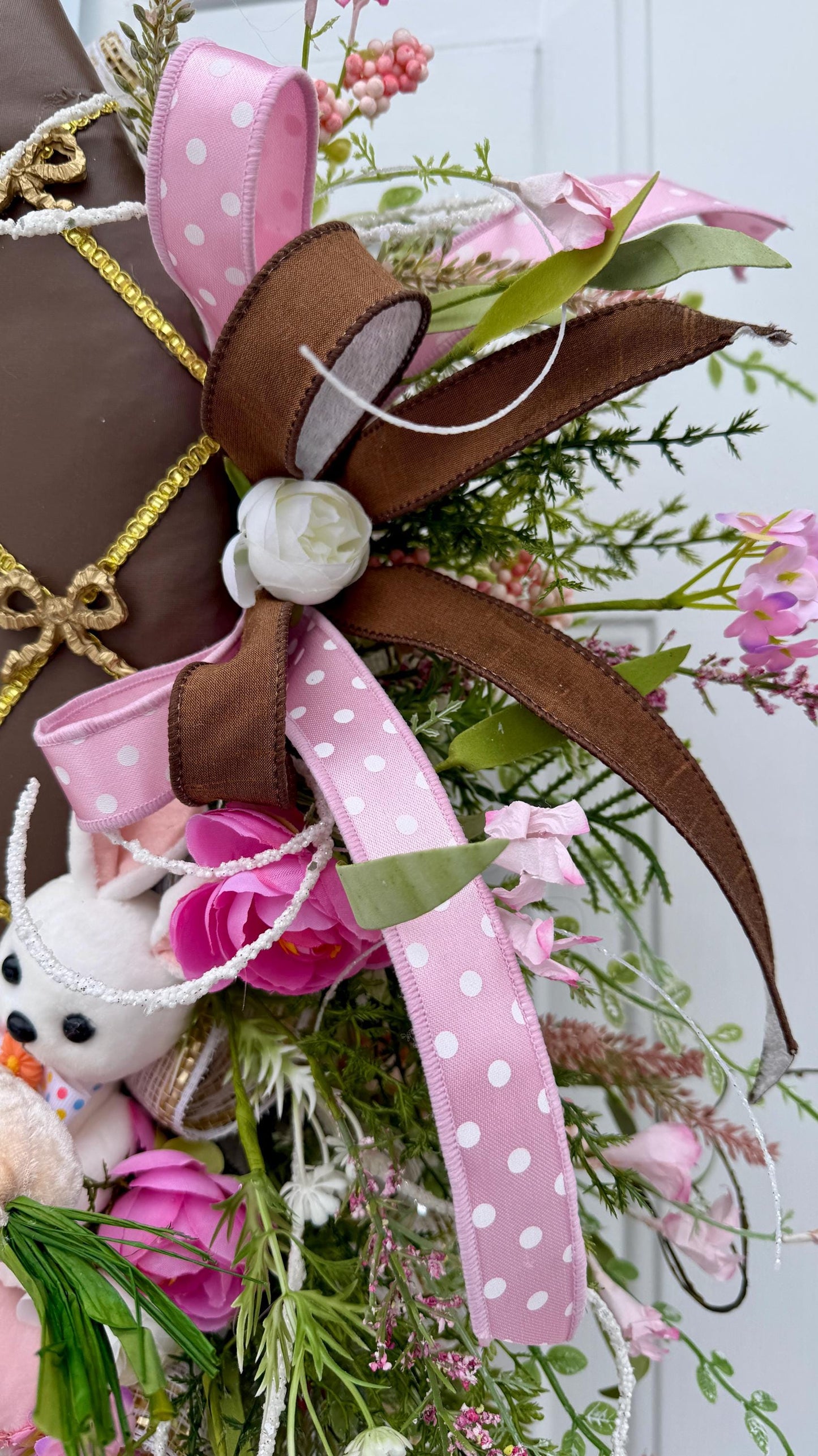 Elegant Chocolate Easter Egg Wreath – Pink Roses, Ribbons and Gold Accents  Spring Door Decor, Easter Wall Hanging
