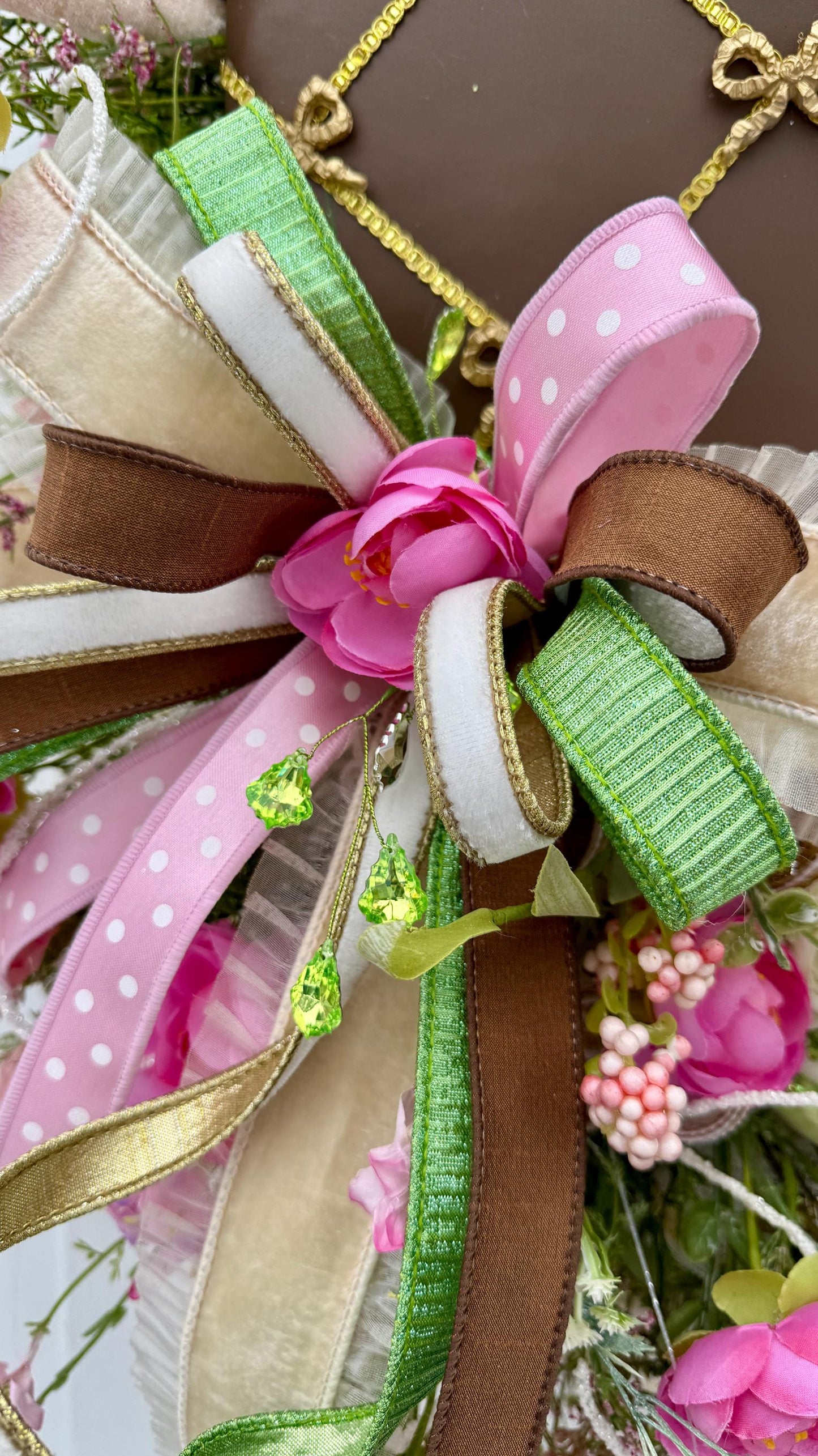 Elegant Chocolate Easter Egg Wreath – Pink Roses, Ribbons and Gold Accents  Spring Door Decor, Easter Wall Hanging