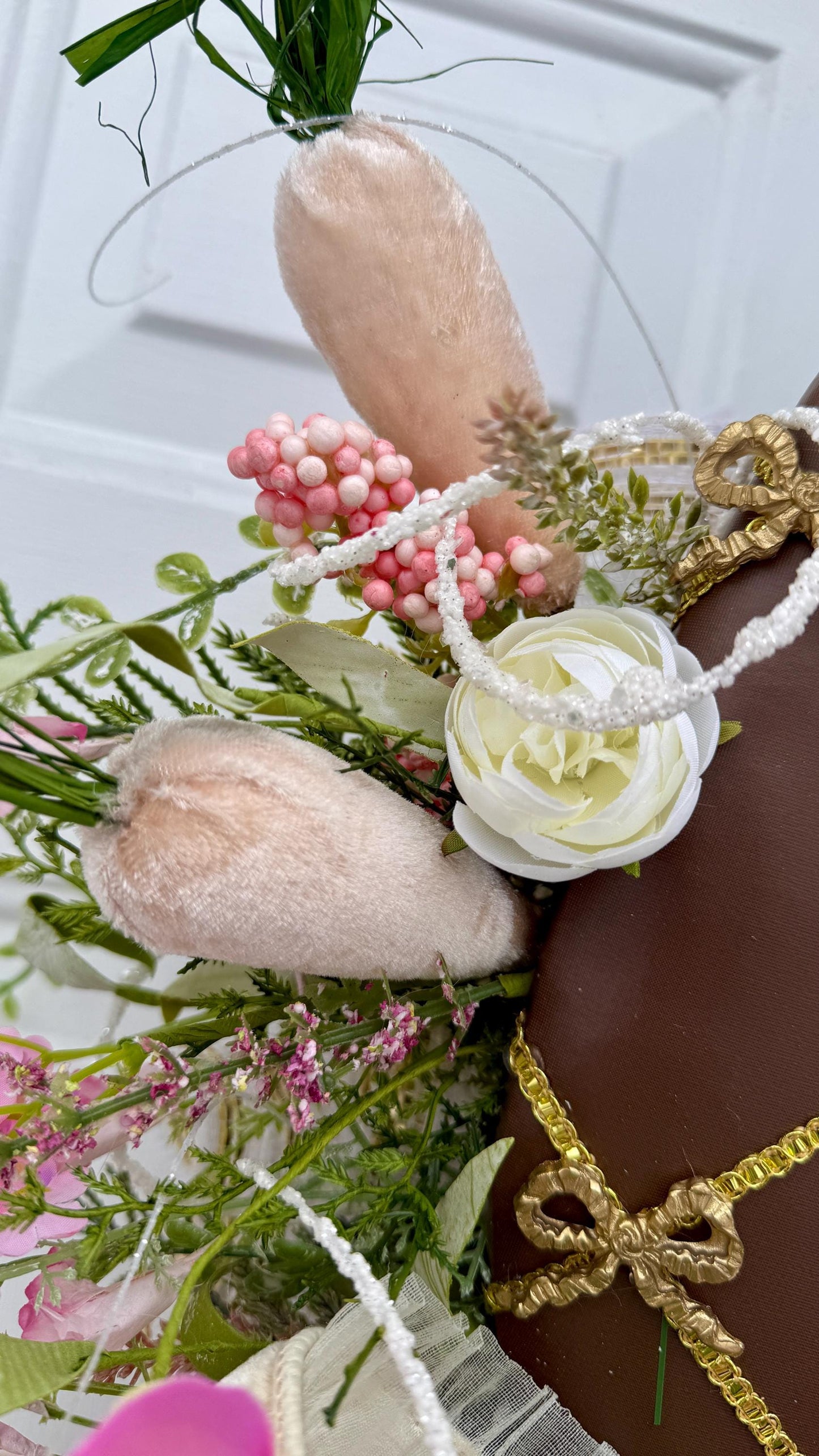 Elegant Chocolate Easter Egg Wreath – Pink Roses, Ribbons and Gold Accents  Spring Door Decor, Easter Wall Hanging