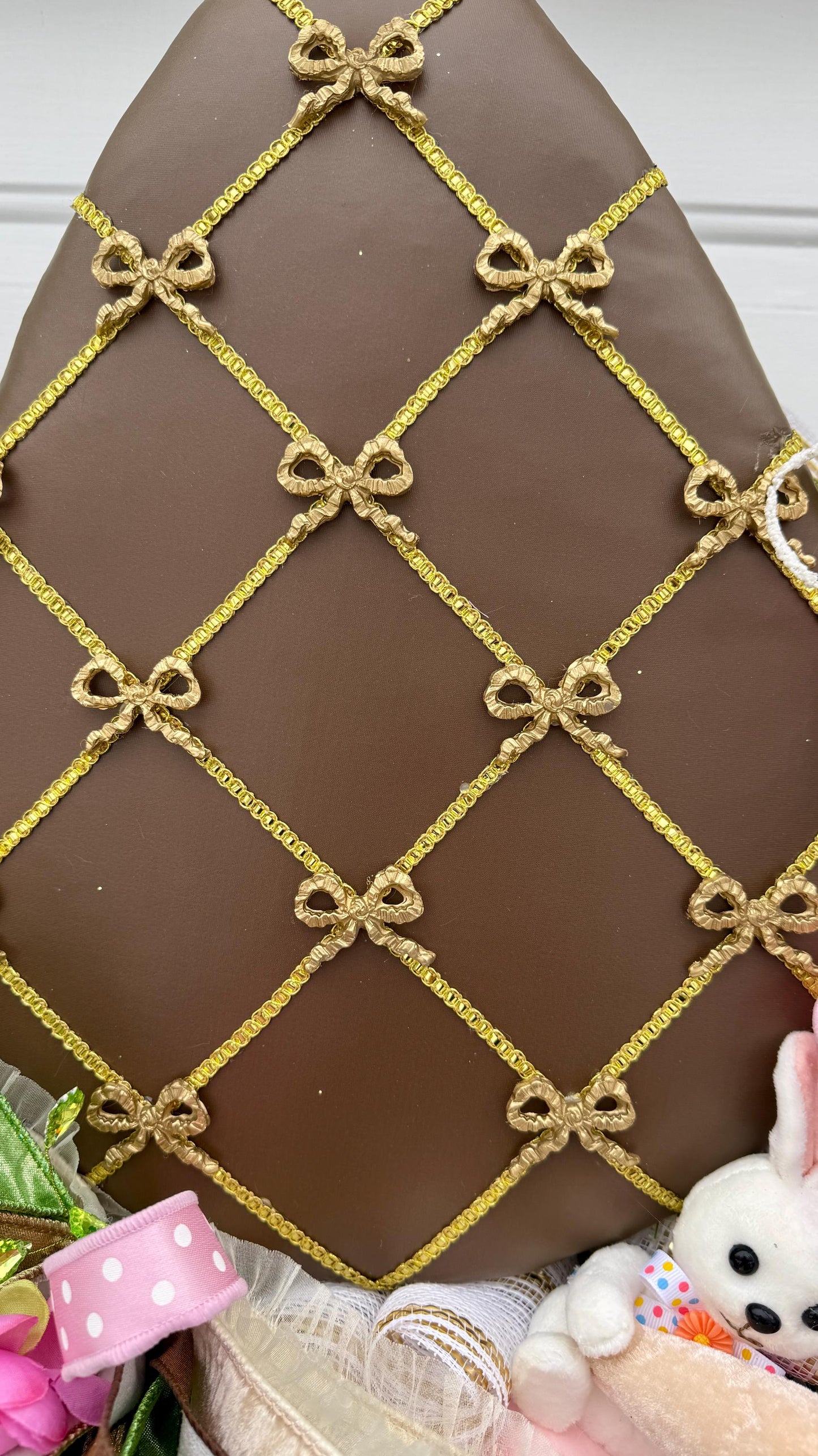 Elegant Chocolate Easter Egg Wreath – Pink Roses, Ribbons and Gold Accents  Spring Door Decor, Easter Wall Hanging