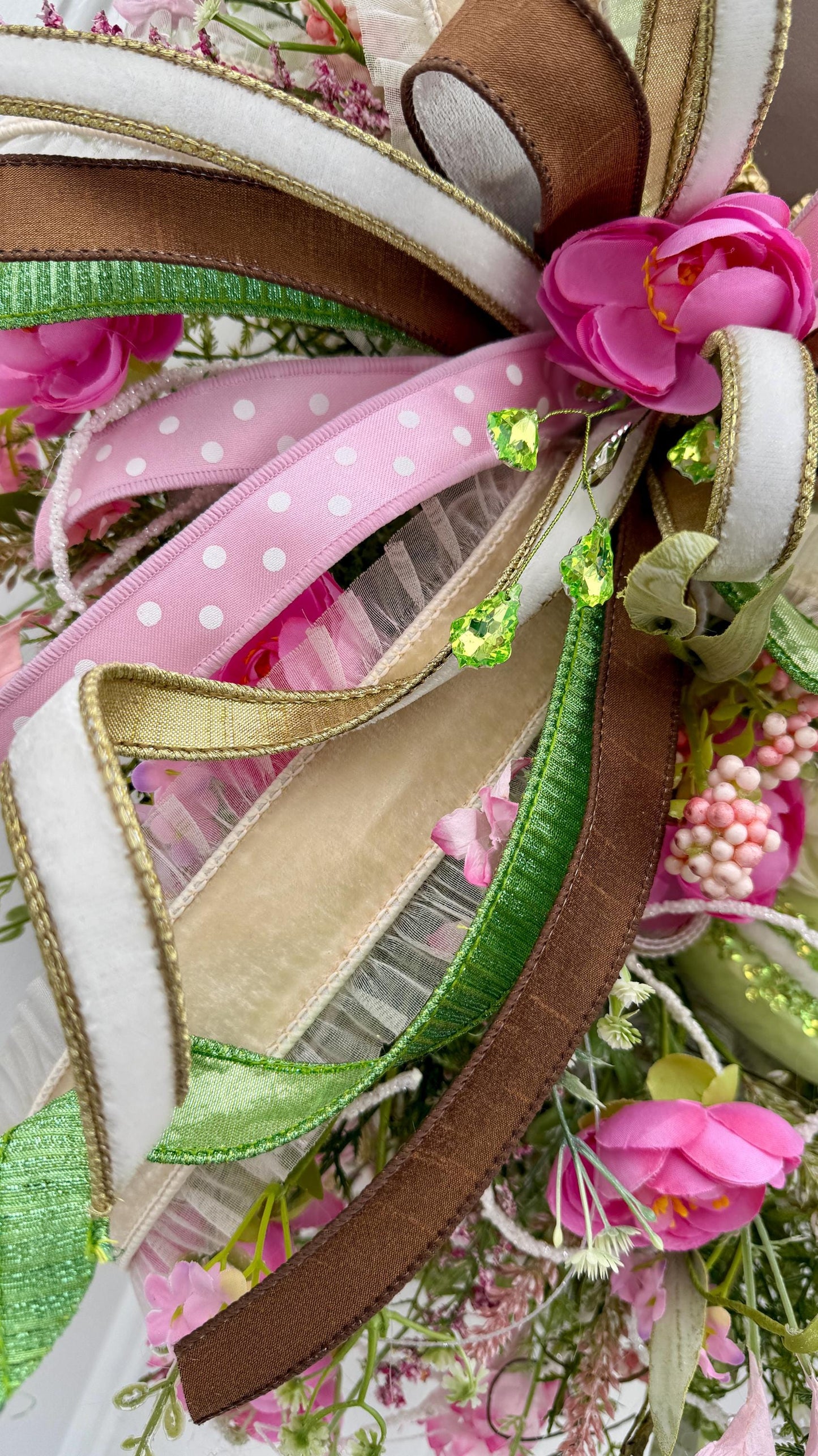 Elegant Chocolate Easter Egg Wreath – Pink Roses, Ribbons and Gold Accents  Spring Door Decor, Easter Wall Hanging
