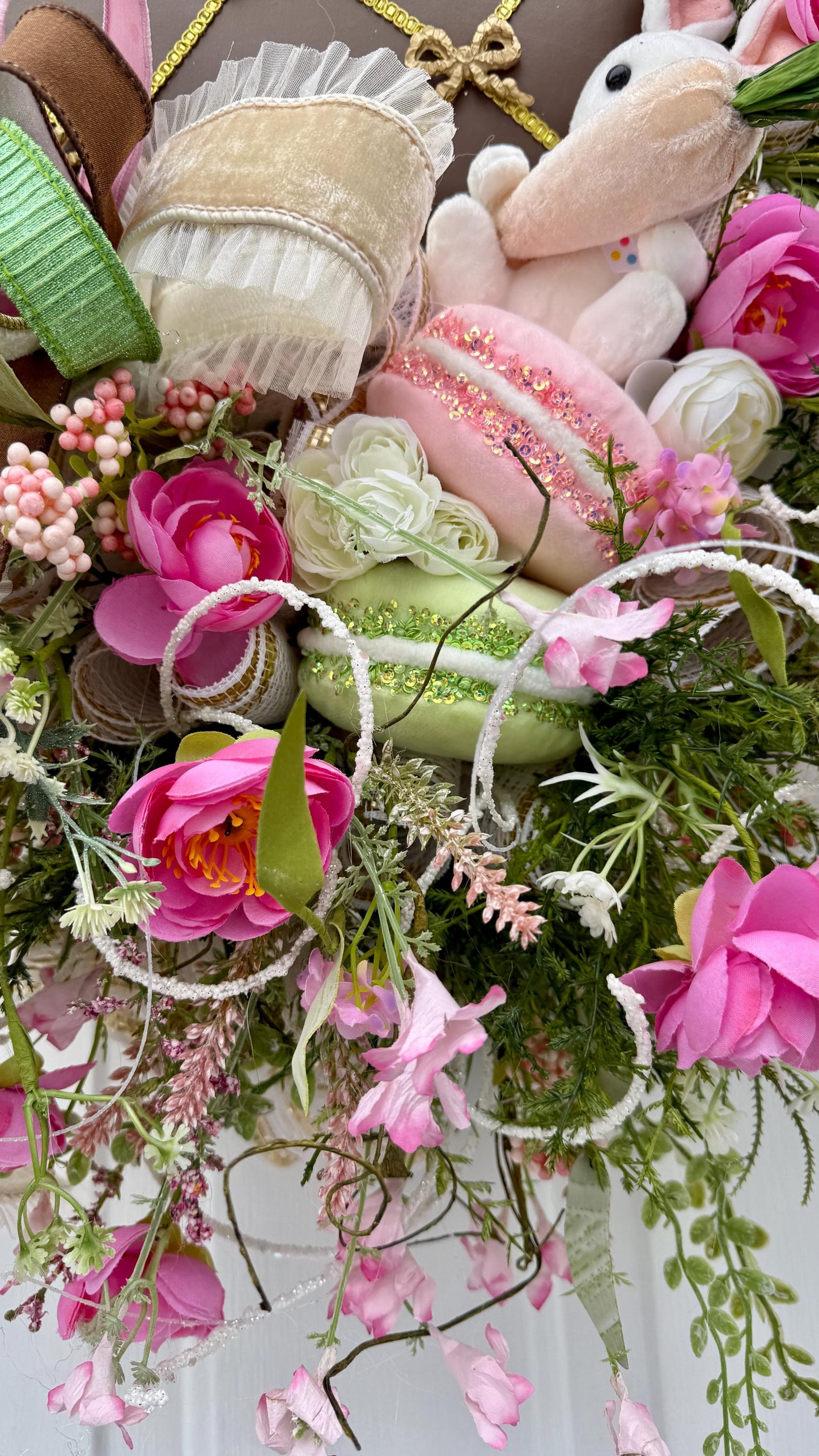 Elegant Chocolate Easter Egg Wreath – Pink Roses, Ribbons and Gold Accents  Spring Door Decor, Easter Wall Hanging