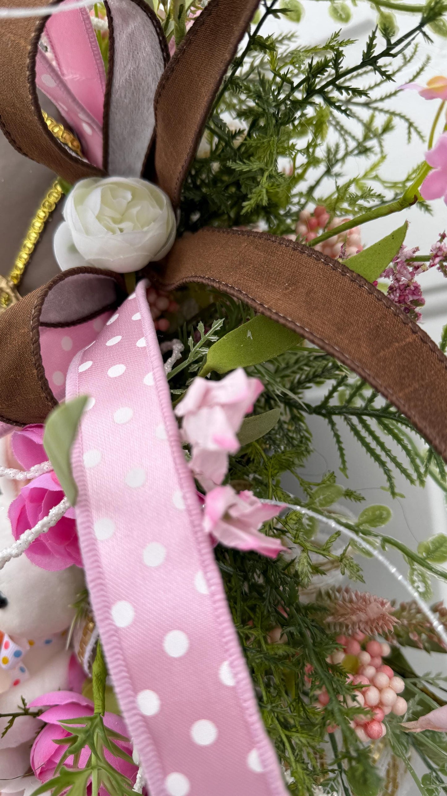 Elegant Chocolate Easter Egg Wreath – Pink Roses, Ribbons and Gold Accents  Spring Door Decor, Easter Wall Hanging