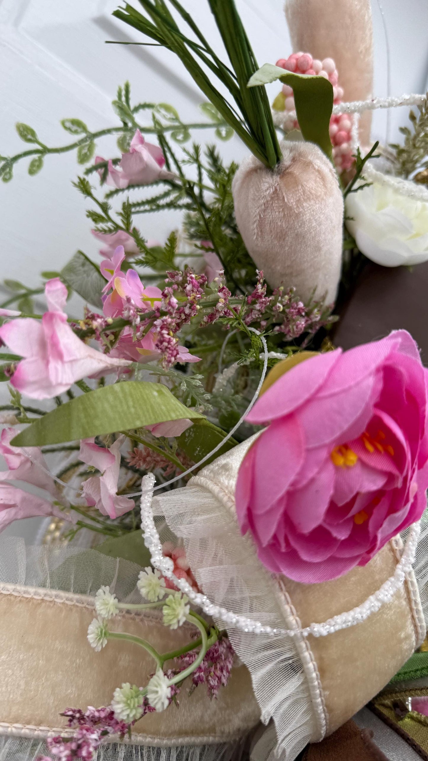 Elegant Chocolate Easter Egg Wreath – Pink Roses, Ribbons and Gold Accents  Spring Door Decor, Easter Wall Hanging