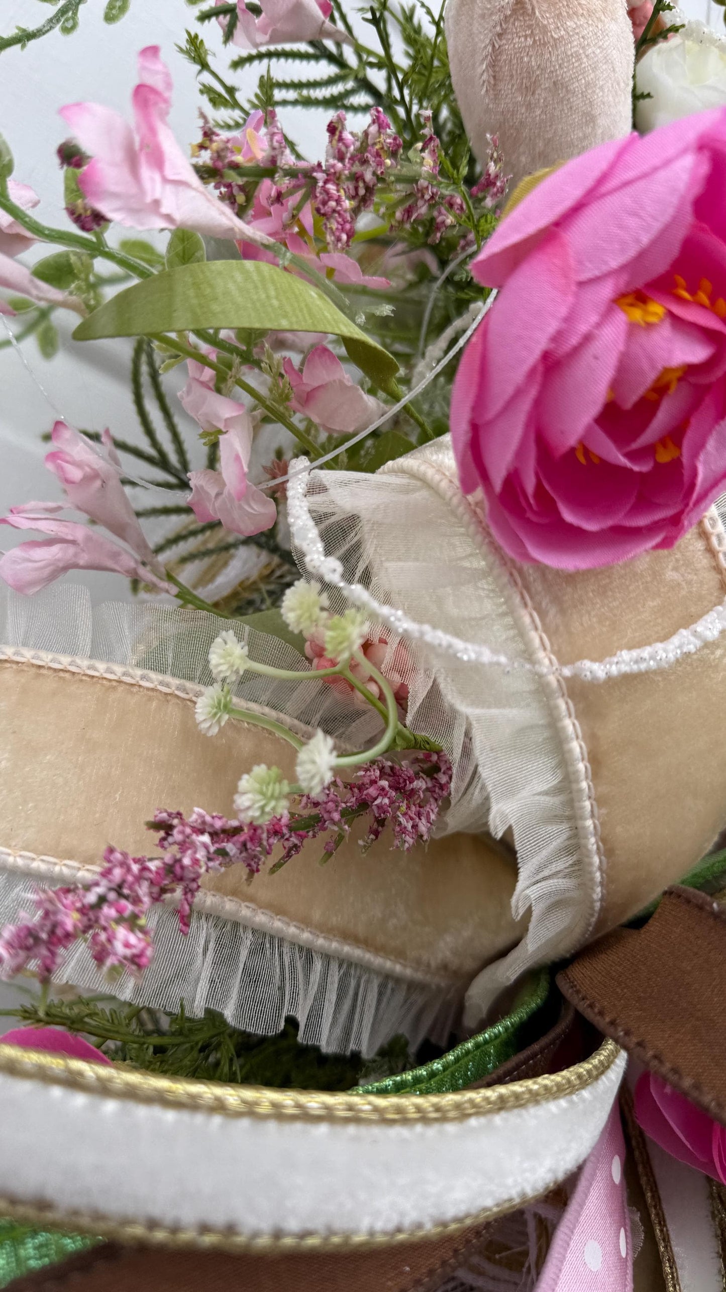 Elegant Chocolate Easter Egg Wreath – Pink Roses, Ribbons and Gold Accents  Spring Door Decor, Easter Wall Hanging