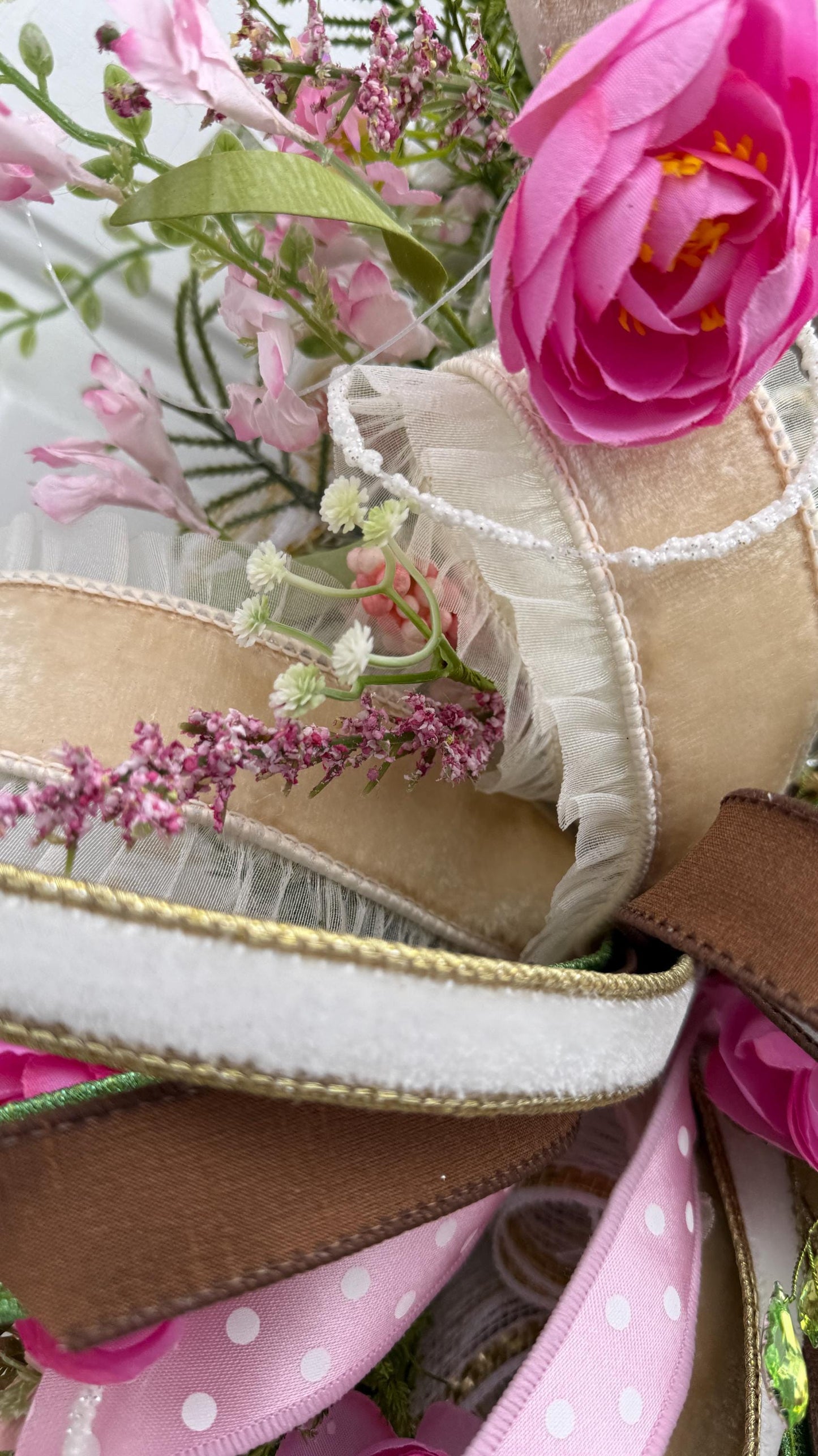 Elegant Chocolate Easter Egg Wreath – Pink Roses, Ribbons and Gold Accents  Spring Door Decor, Easter Wall Hanging