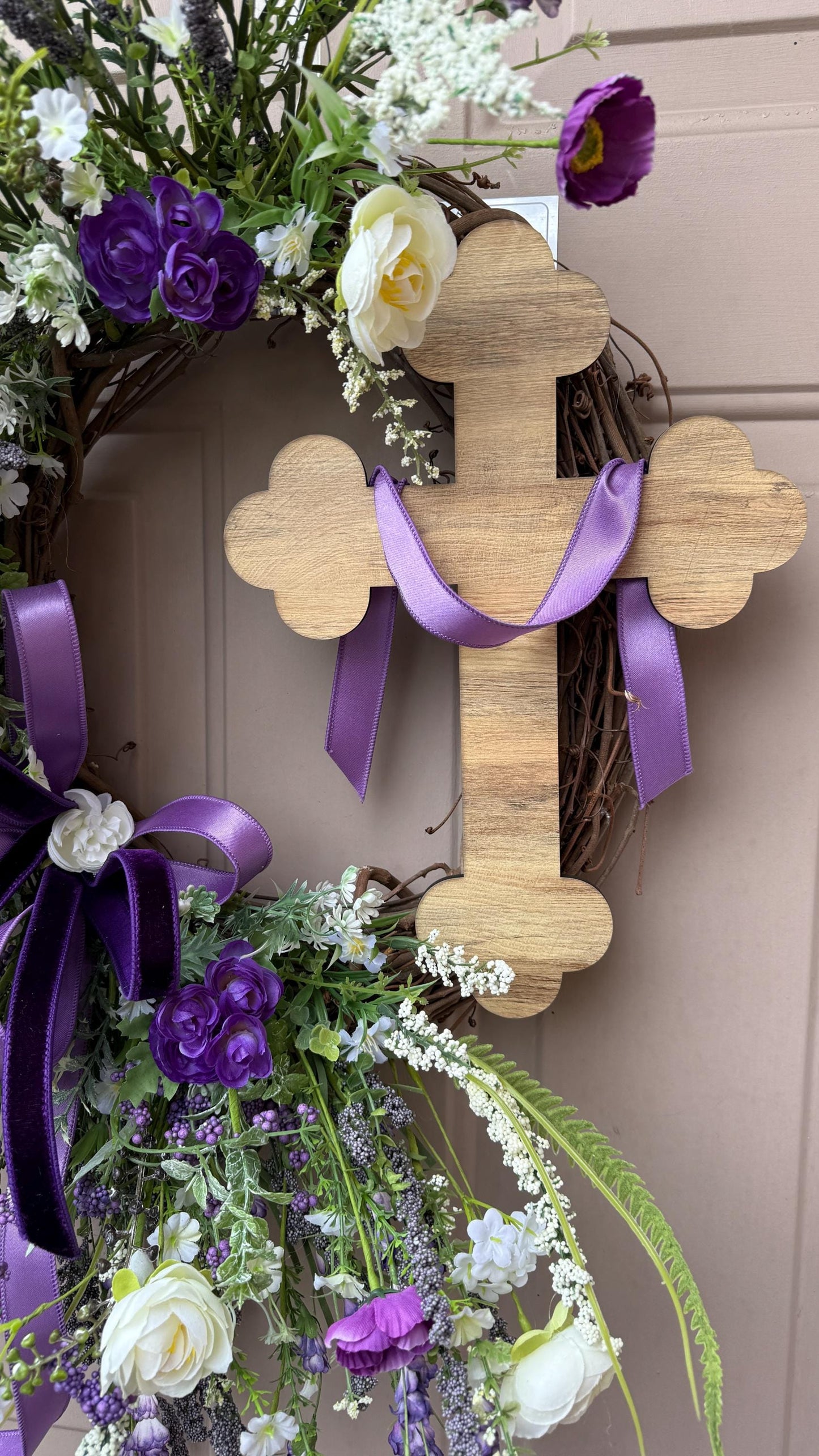 Purple Floral Easter Wreath with Wooden Cross – Christian Spring Door Decor